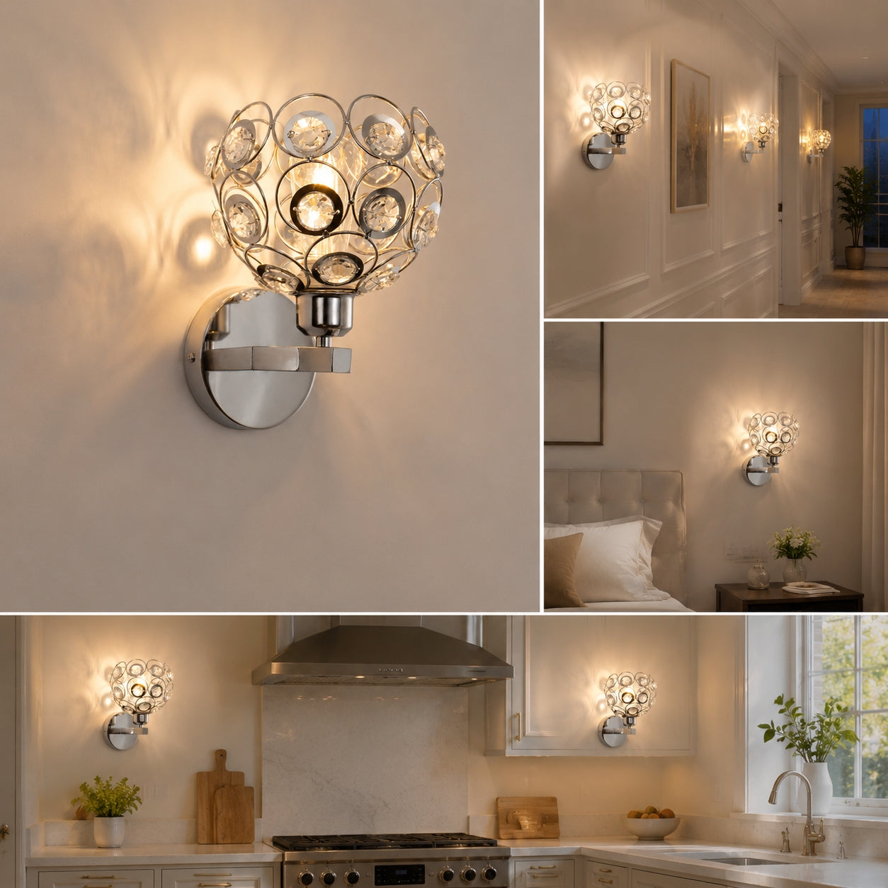 Jandcase Modern Crystal Round Wall Sconce E26 Indoor Wall Light Fixture Chrome Finish 1-Light Vanity Lamp