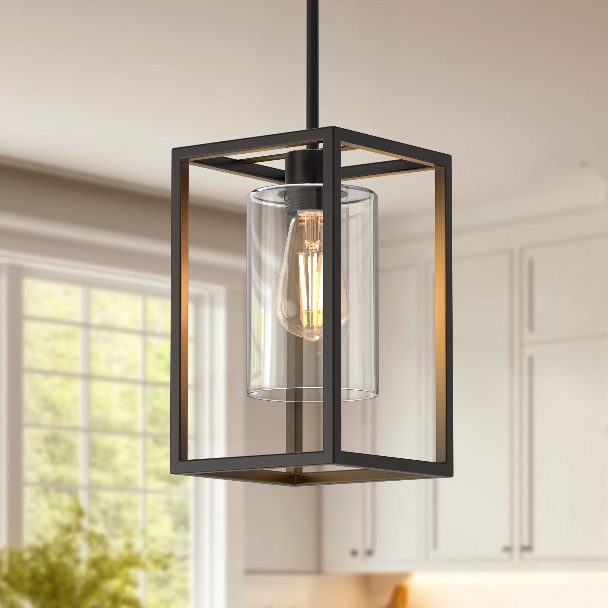 Jandcase 7 in. 1-Light Black Square Chandelier with Clear Glass, Retro Industrial Hanging Light for Kitchen Island (Copy)