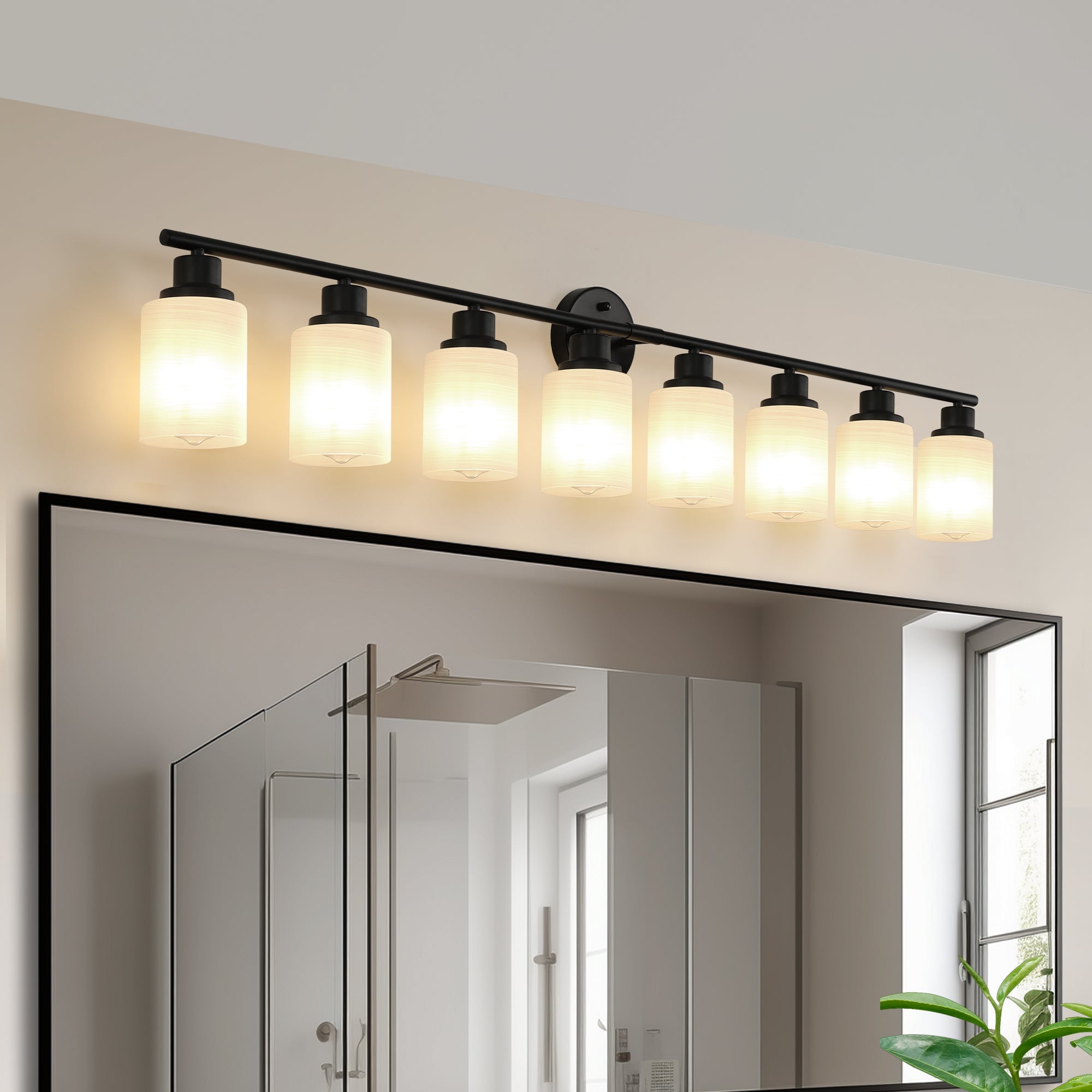 Jandcase Black & White Modern Bathroom Vanity Light, 8-Light Wall Sconce, Iron & Frosted Glass, E26 Base, Hard-Wired (Bulbs Not Included)