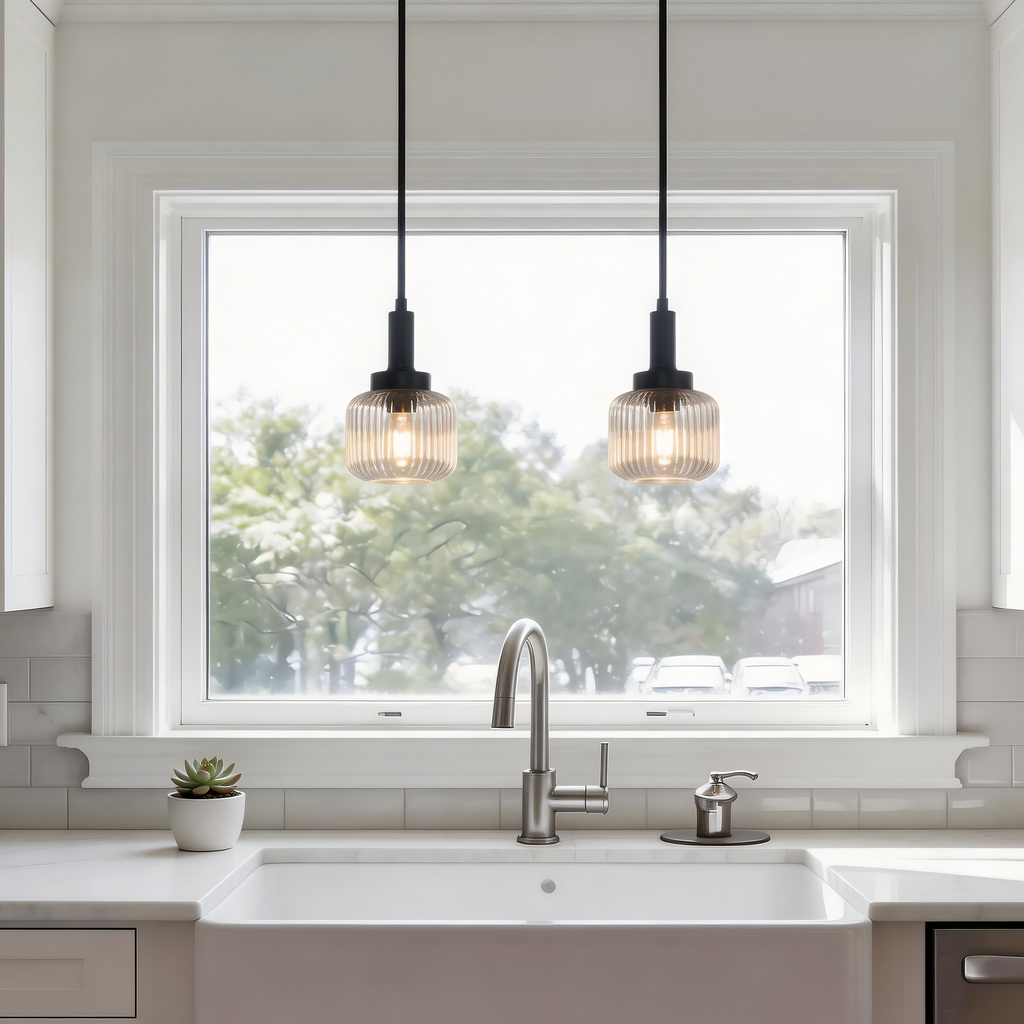 Jandcase 2-Pack 1-Light Traditional Pendant Light with Clear Ribbed Glass Globe Shade and Matte Black Metal Finish