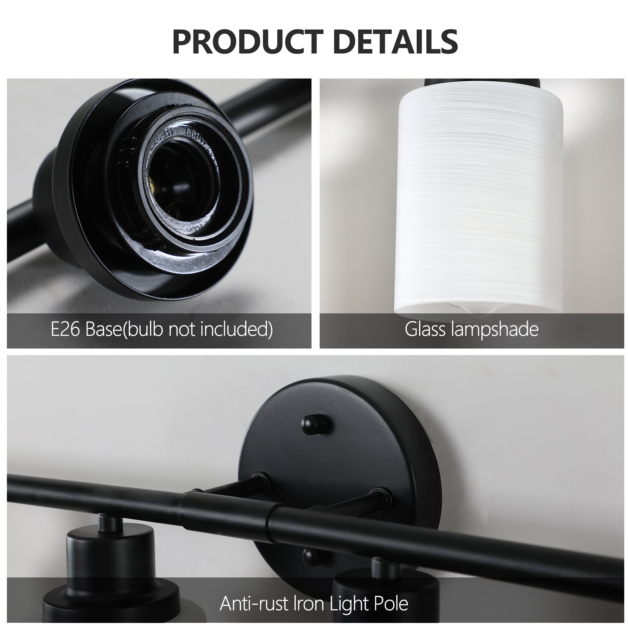 Jandcase Black & White Modern Bathroom Vanity Light, 8-Light Wall Sconce, Iron & Frosted Glass, E26 Base, Hard-Wired (Bulbs Not Included)