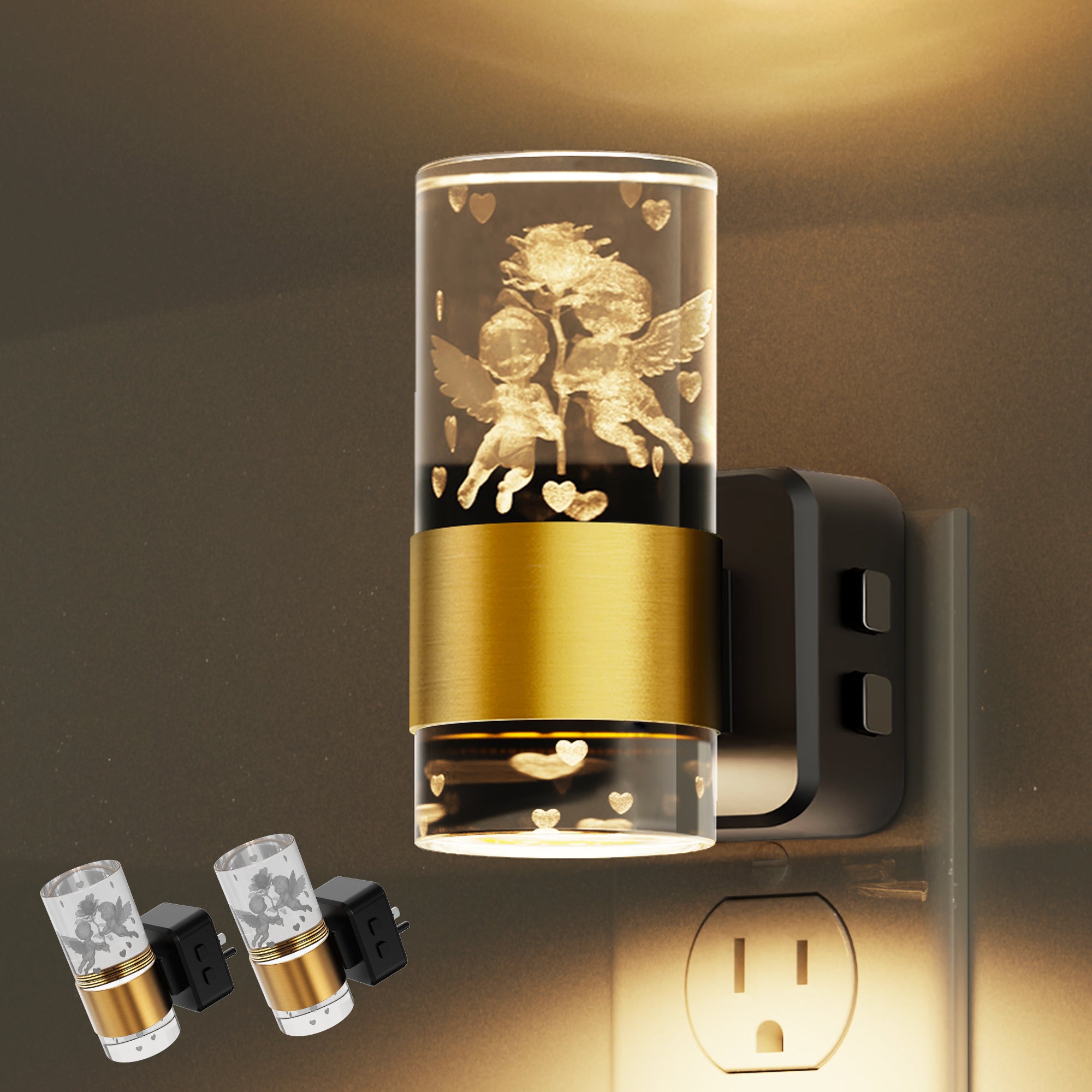 Jandcase 2-Pack Plug-in Photocell Night Light, Warm Glow Dimmable Wall Sconce Style Lighting with Metal & Acrylic Accents