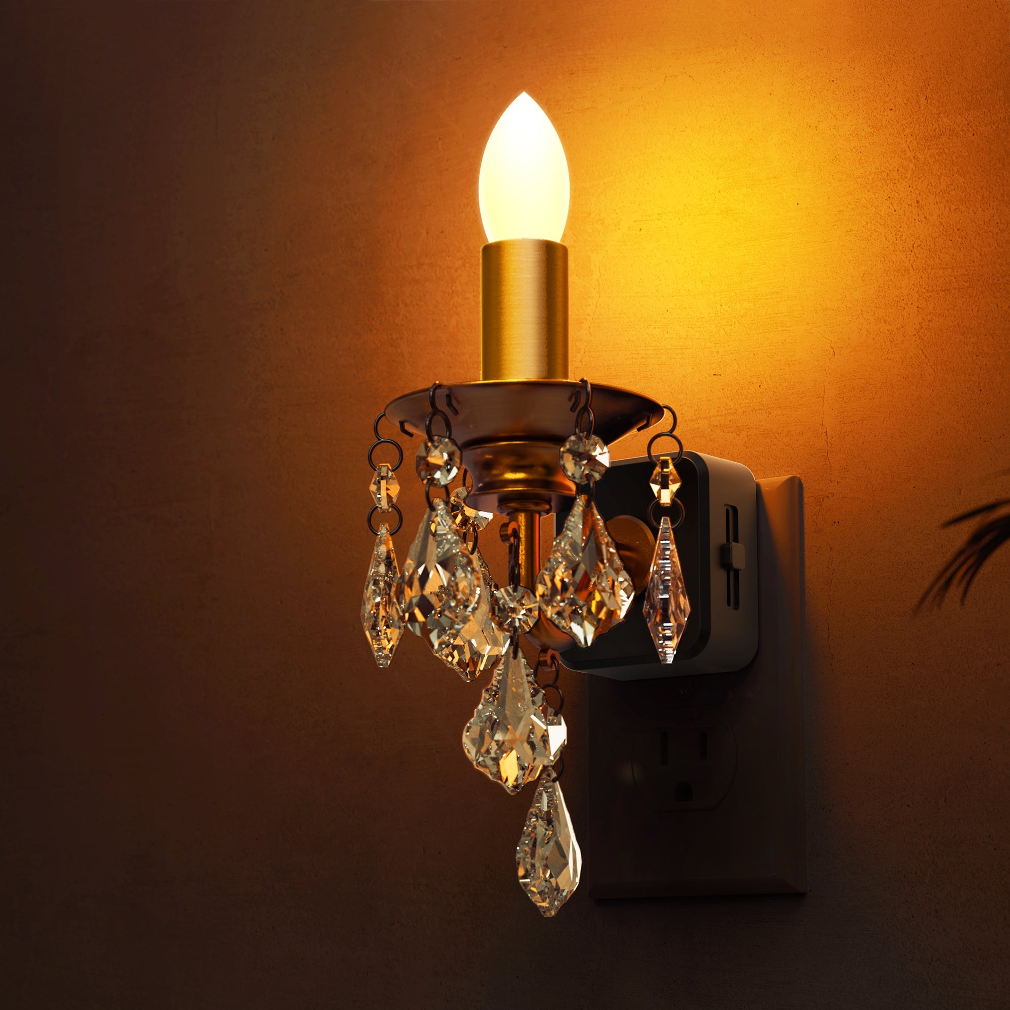 Jandcase 1W Plug-in Night Light with Amber 1600K, Dusk to Dawn Sensor, Slide Dimmer, Crystal Pendant, E12 Style