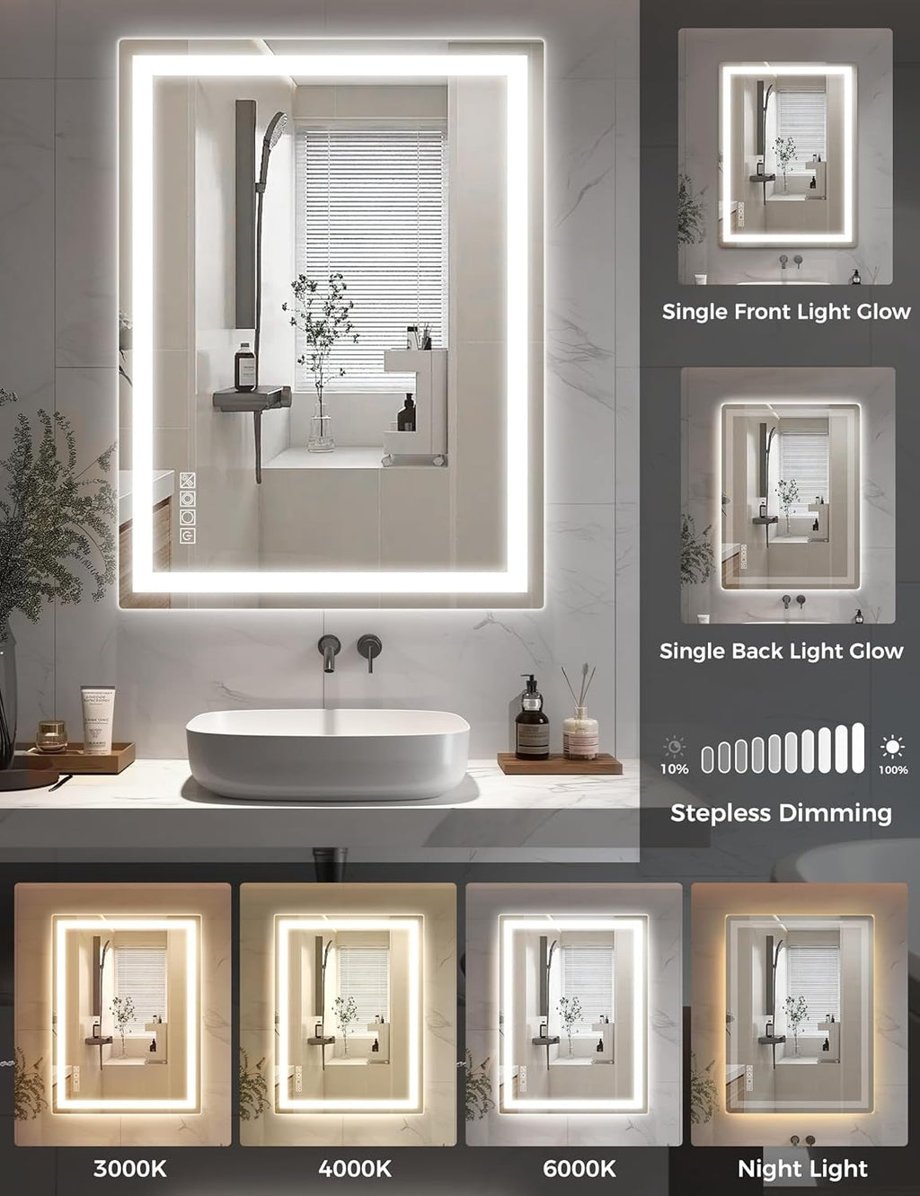 Jandcase LED Bathroom Mirror Vanity Light with Front & Backlight, Dimmable 3CCT, Anti-Fog, Shatter-Proof, Memory, Night Light