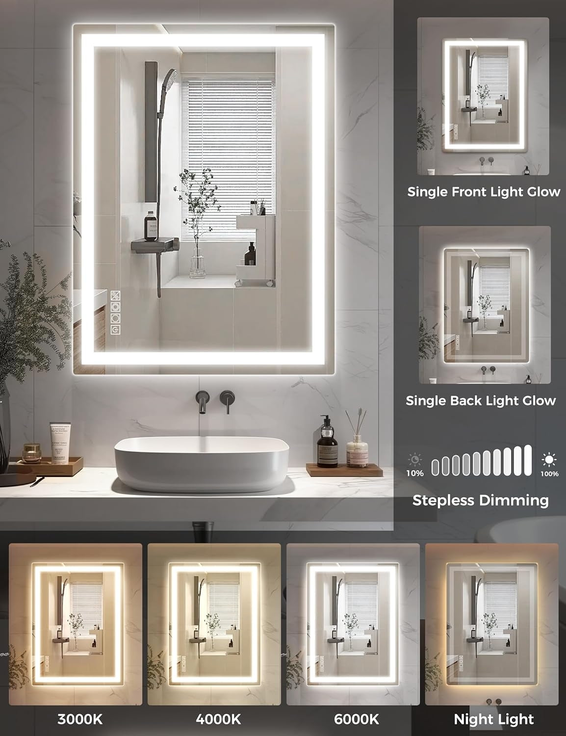 Jandcase LED Bathroom Mirror Vanity Light with Front & Backlight, Dimmable 3CCT, Anti-Fog, Shatter-Proof, Memory, Night Light