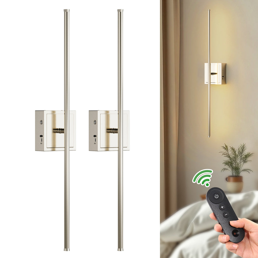 Jandcase 2-Pack LED Indoor Wall Sconce Brushed Nickel Linear Wall Light Remote Control Dimmable 3000K Warm White Modern Fixture