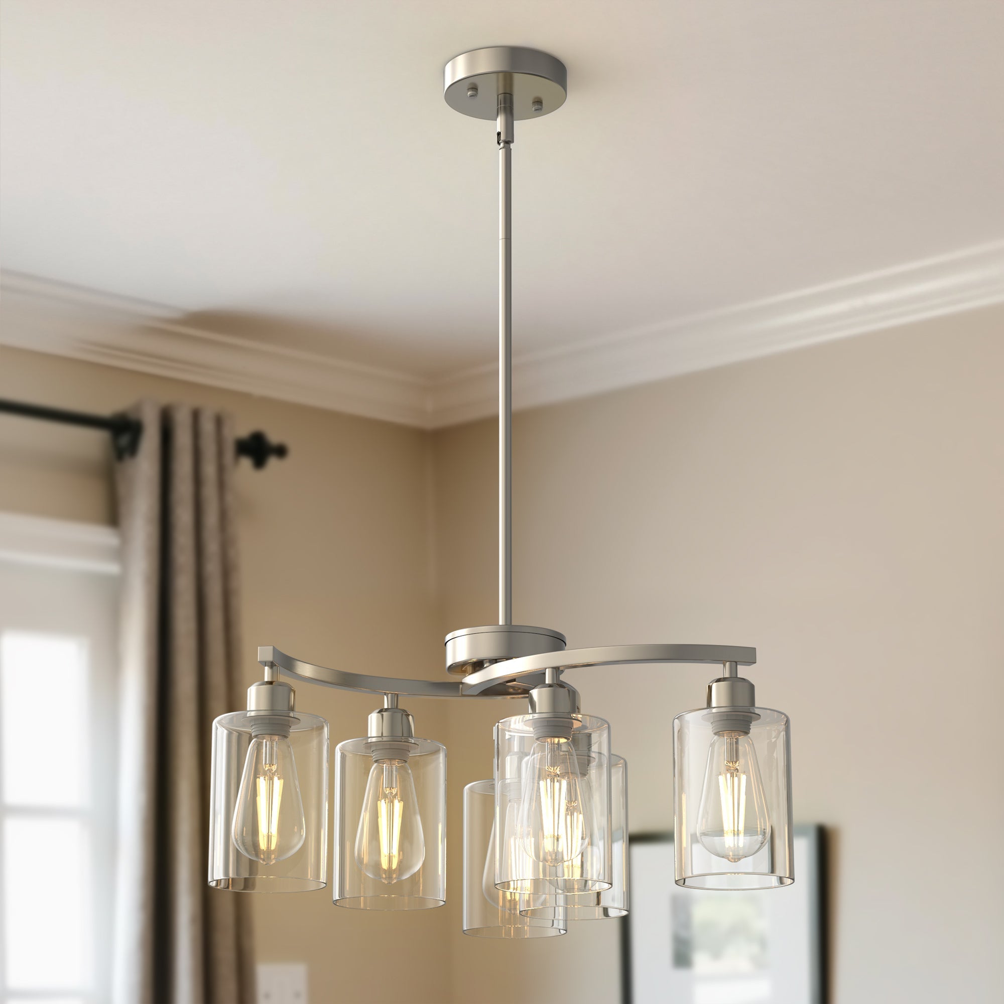Jandcase 6-Light Brushed Nickel Chandelier Pendant Light with Curved Arms and Glass Shades E26 Ceiling Fixture for Dining Room