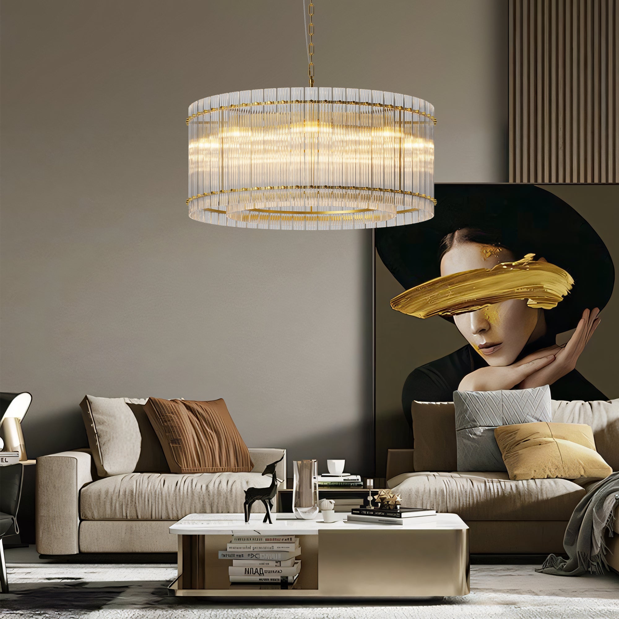 Jandcase 37in. Gold 2-Tier 8-Light Water Ripple Crystal Chandelier Modern Ceiling Light for Dining Room Living Room Bedroom Foyer High Ceiling