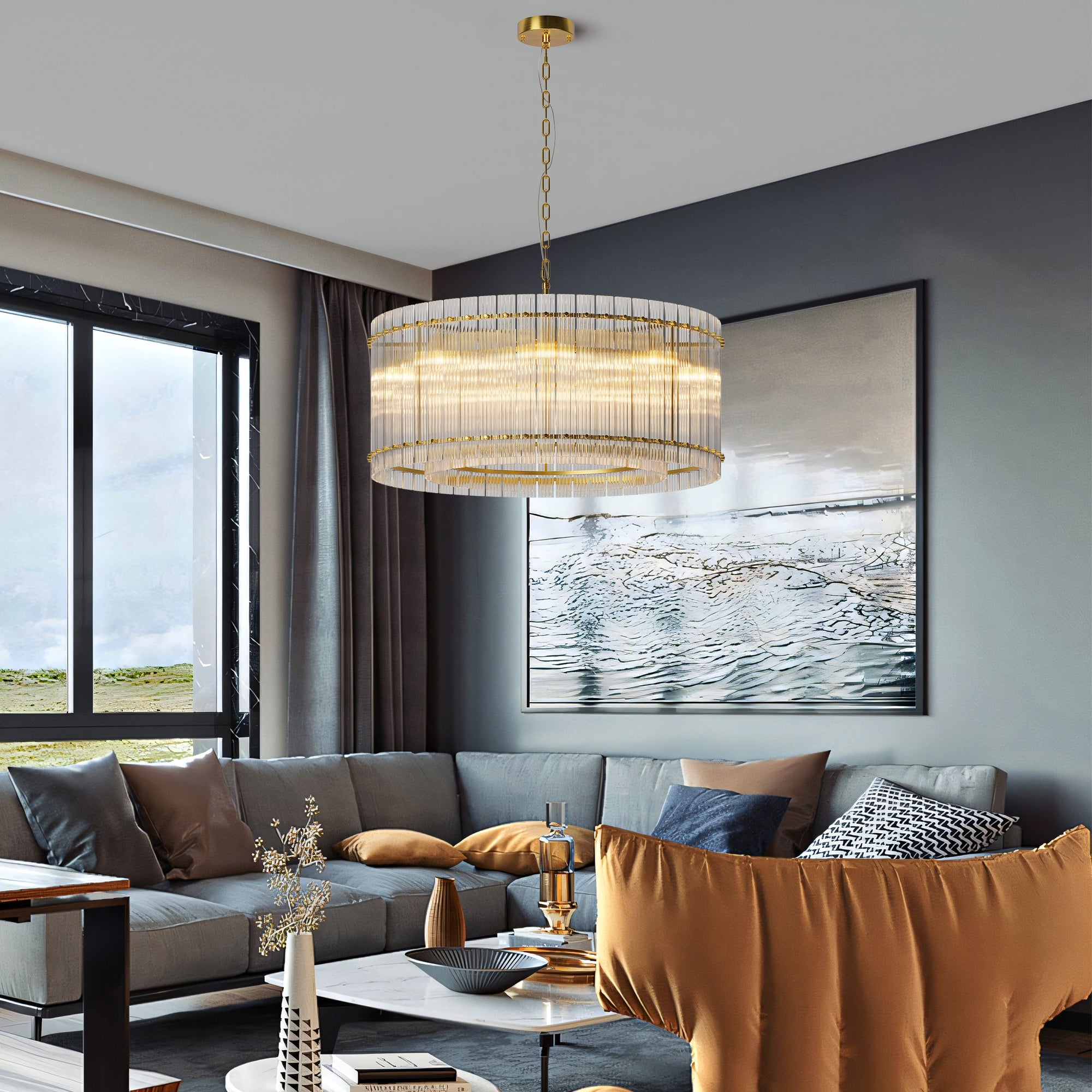 Jandcase 37in. Gold 2-Tier 8-Light Water Ripple Crystal Chandelier Modern Ceiling Light for Dining Room Living Room Bedroom Foyer High Ceiling