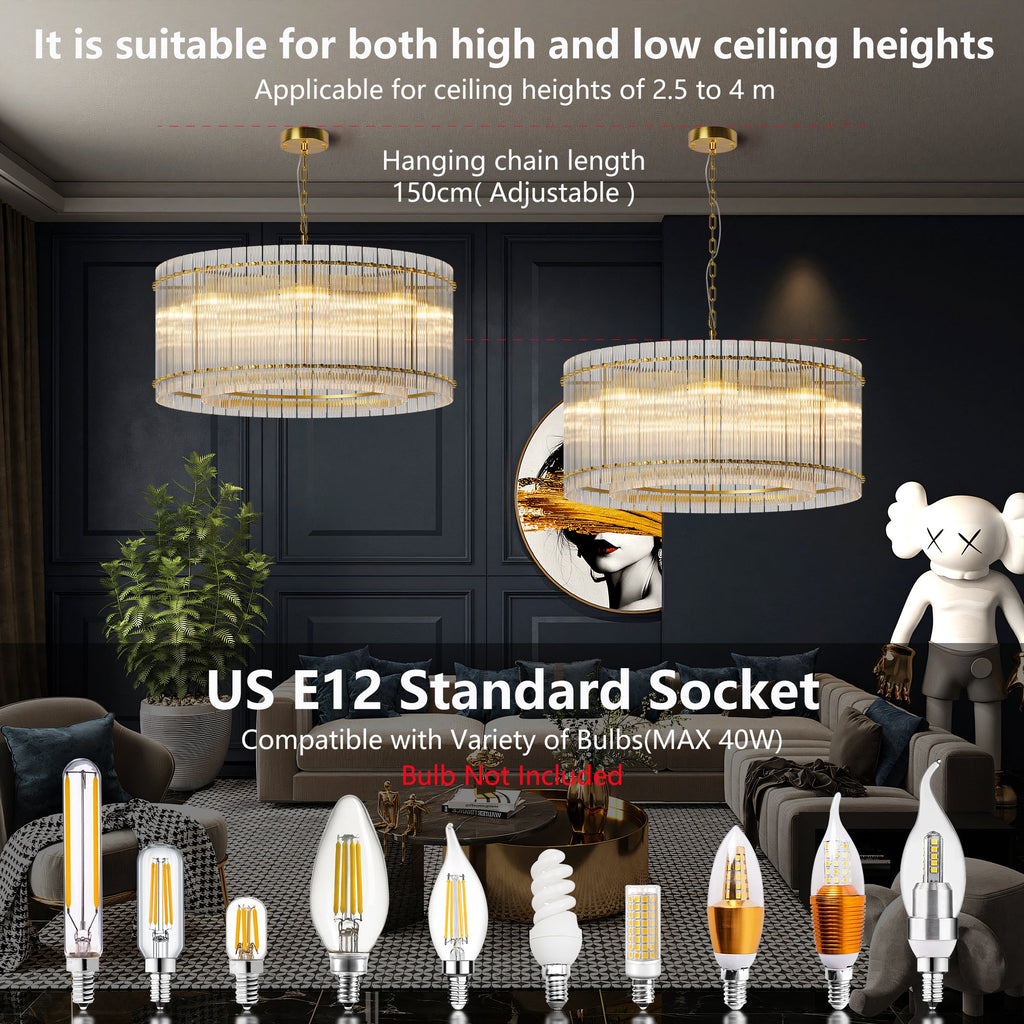 Jandcase 37in. Gold 2-Tier 8-Light Water Ripple Crystal Chandelier Modern Ceiling Light for Dining Room Living Room Bedroom Foyer High Ceiling