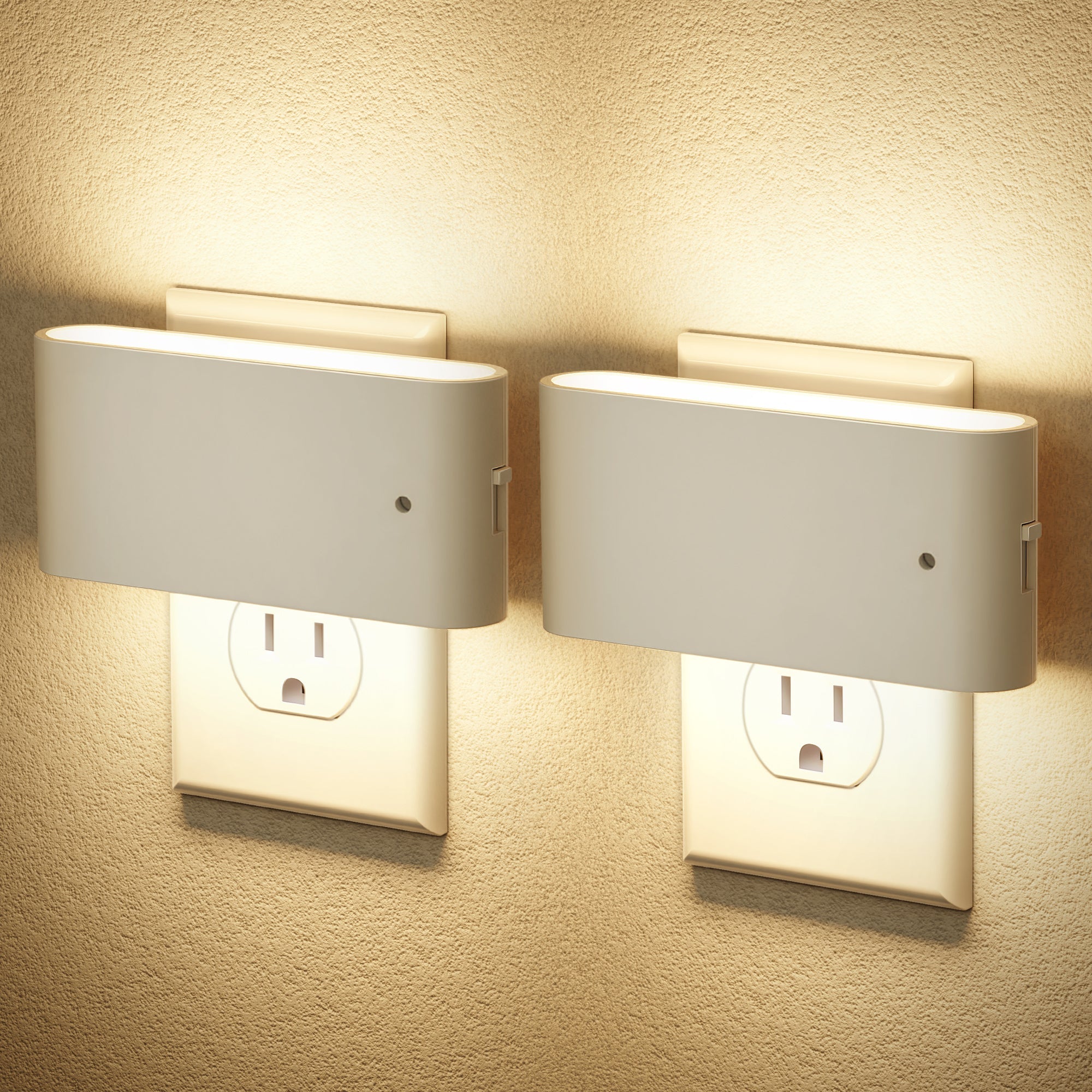 Jandcase 2-Pack 1W Plug-in Wall Night Lights, White Horizontal, Warm White 3000K, Up & Down Lighting, Dimmable