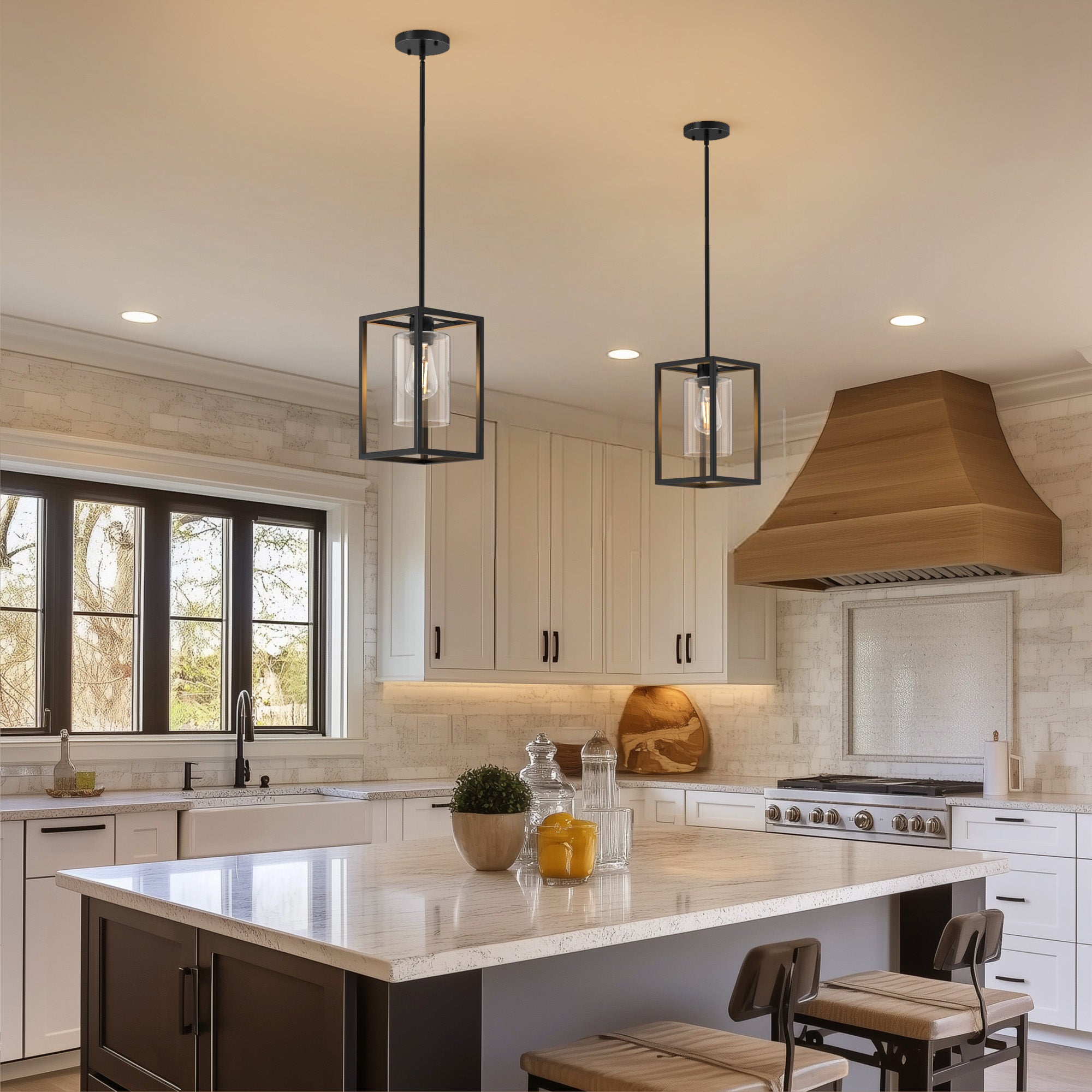 Jandcase 7 in. 1-Light Black Square Chandelier with Clear Glass, Retro Industrial Hanging Light for Kitchen Island (Copy)
