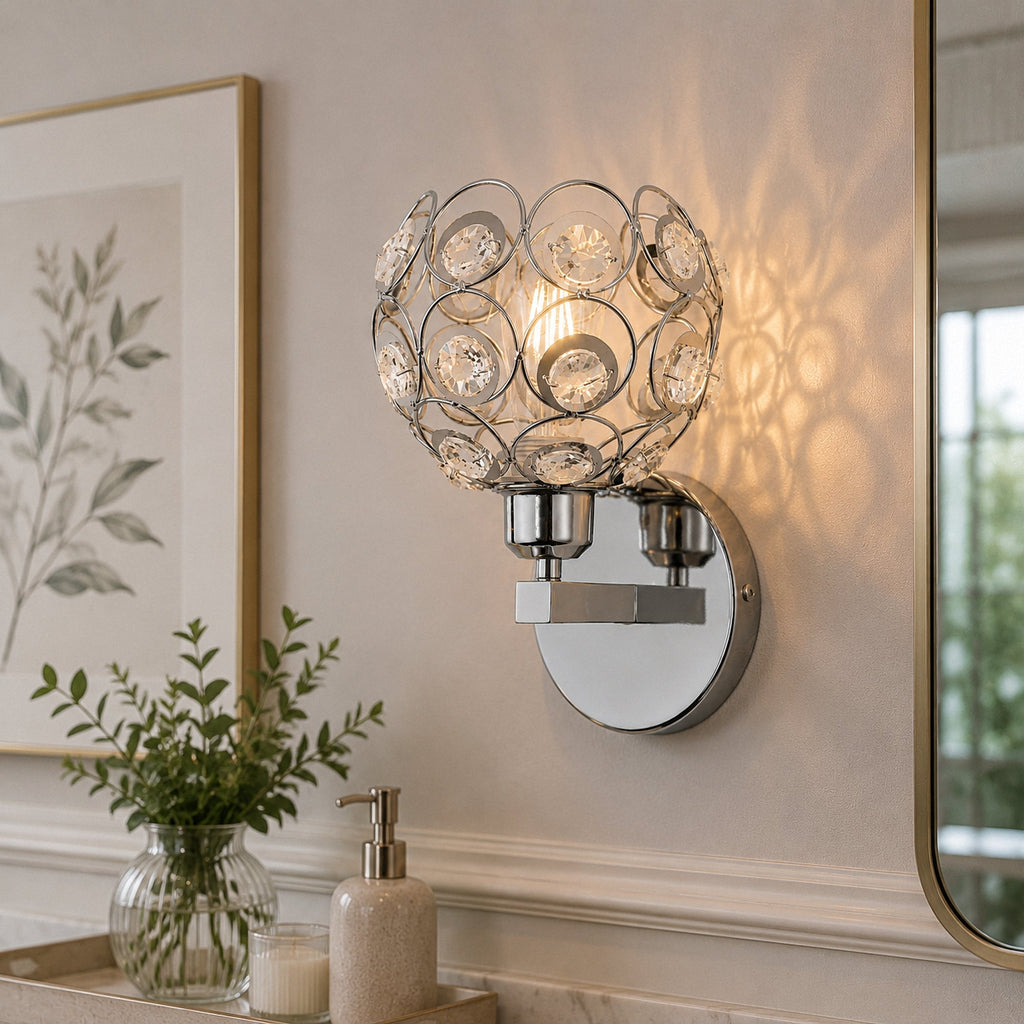 Jandcase Modern Crystal Round Wall Sconce E26 Indoor Wall Light Fixture Chrome Finish 1-Light Vanity Lamp