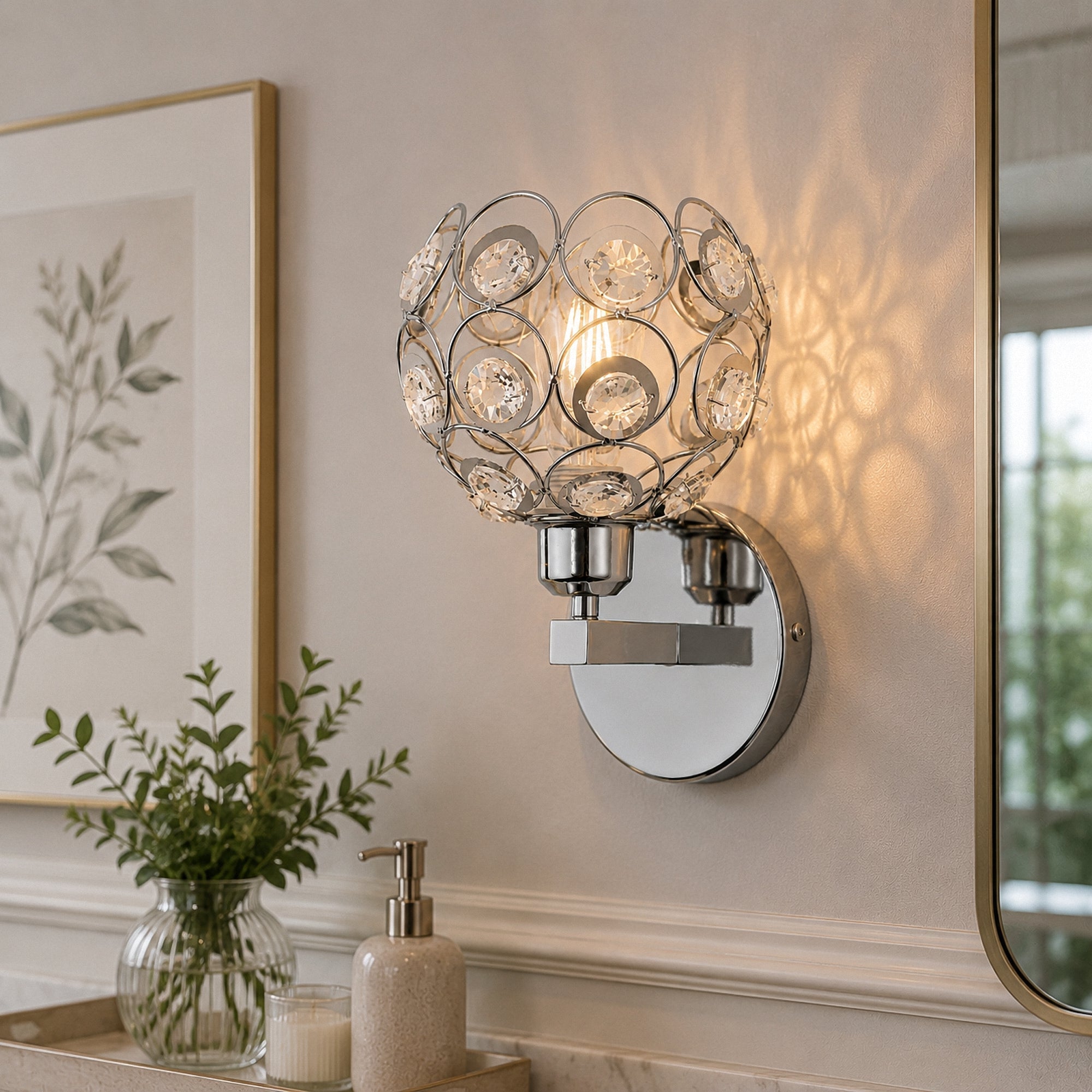 Jandcase Modern Crystal Round Wall Sconce E26 Indoor Wall Light Fixture Chrome Finish 1-Light Vanity Lamp
