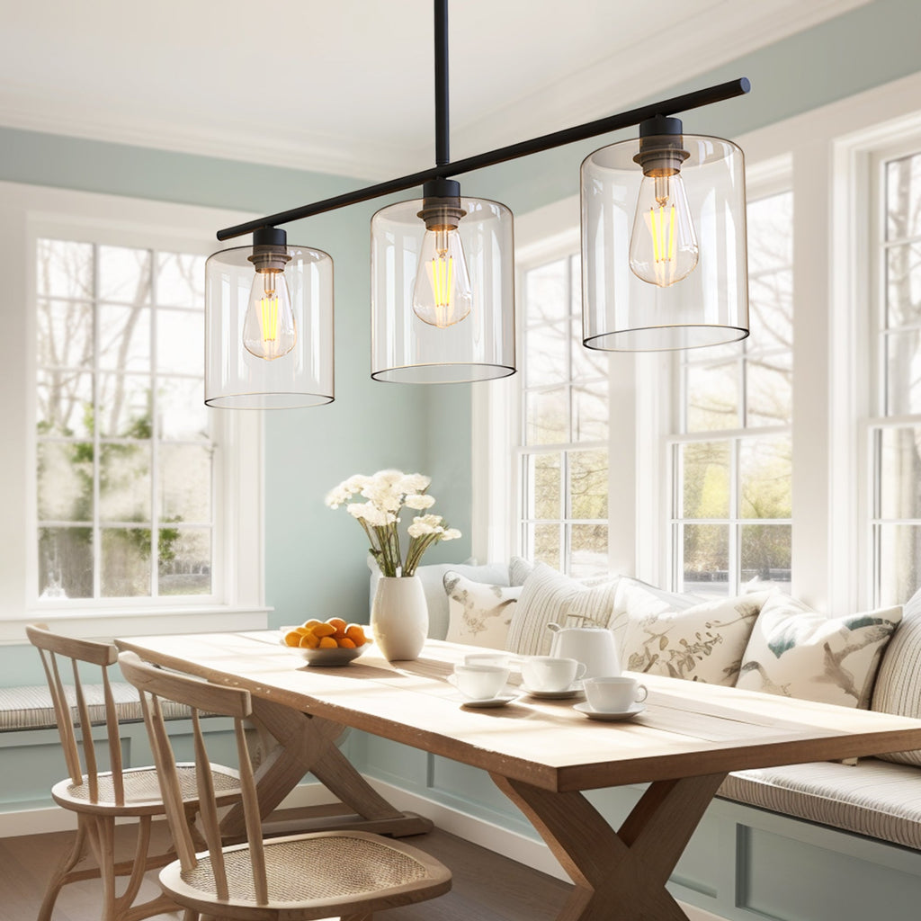 Jandcase Modern 3-Light Kitchen Island Pendant Light, Black Ceiling Fixture with Clear Glass Shades, E26 Hanging Rod Chandelier for Dining Room Kitchen Island