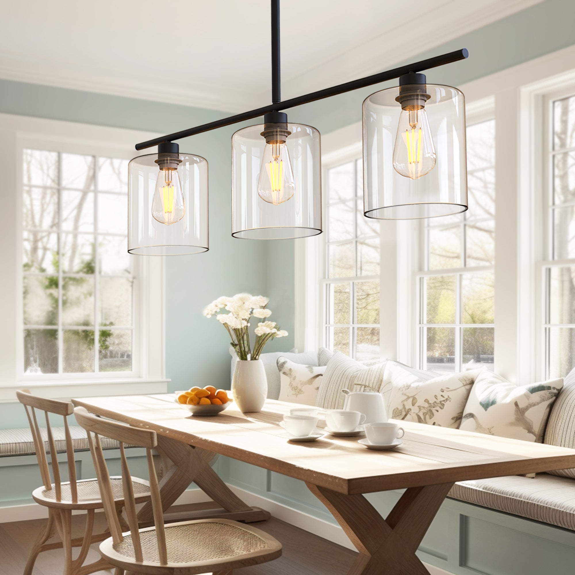 Jandcase Modern 3-Light Kitchen Island Pendant Light, Black Ceiling Fixture with Clear Glass Shades, E26 Hanging Rod Chandelier for Dining Room Kitchen Island