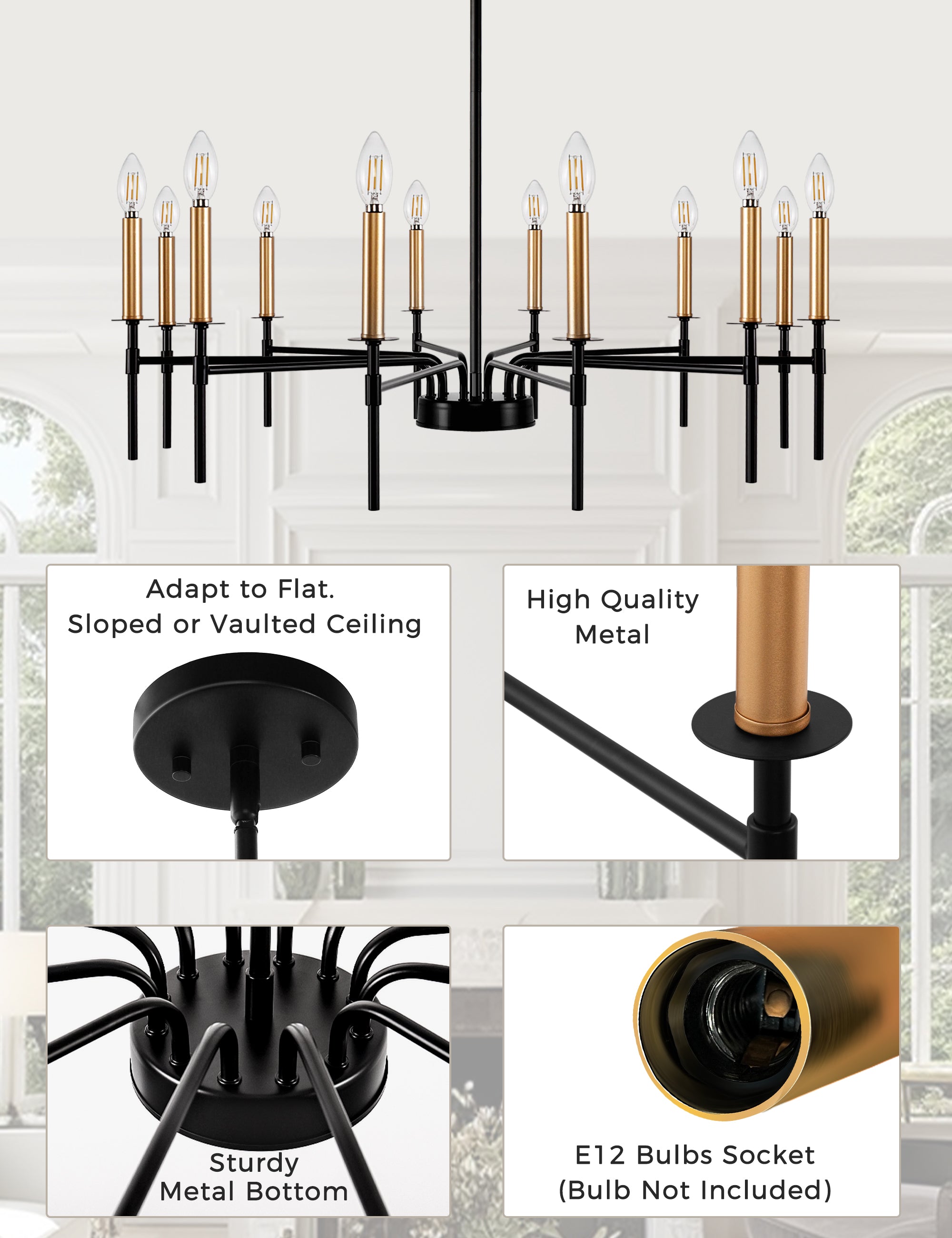 Jandcase 12-Light Black Gold Pendant Chandelier Modern Ceiling Hanging Light Fixture E12