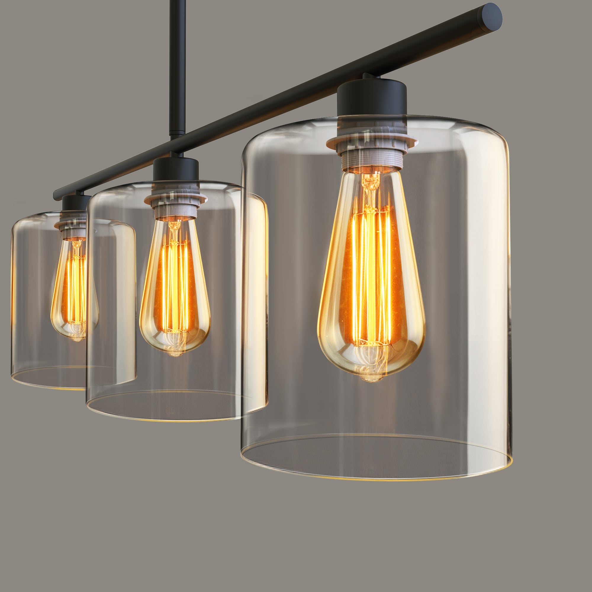 Jandcase Modern 3-Light Kitchen Island Pendant Light, Black Ceiling Fixture with Clear Glass Shades, E26 Hanging Rod Chandelier for Dining Room Kitchen Island