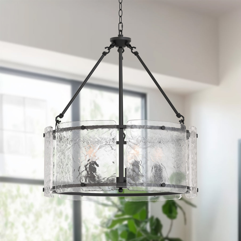 Jandcase 5-Light Black Drum Chandelier Pendant Light with Glass Shade and E12 Base for Dining Room, No Bulbs Included
