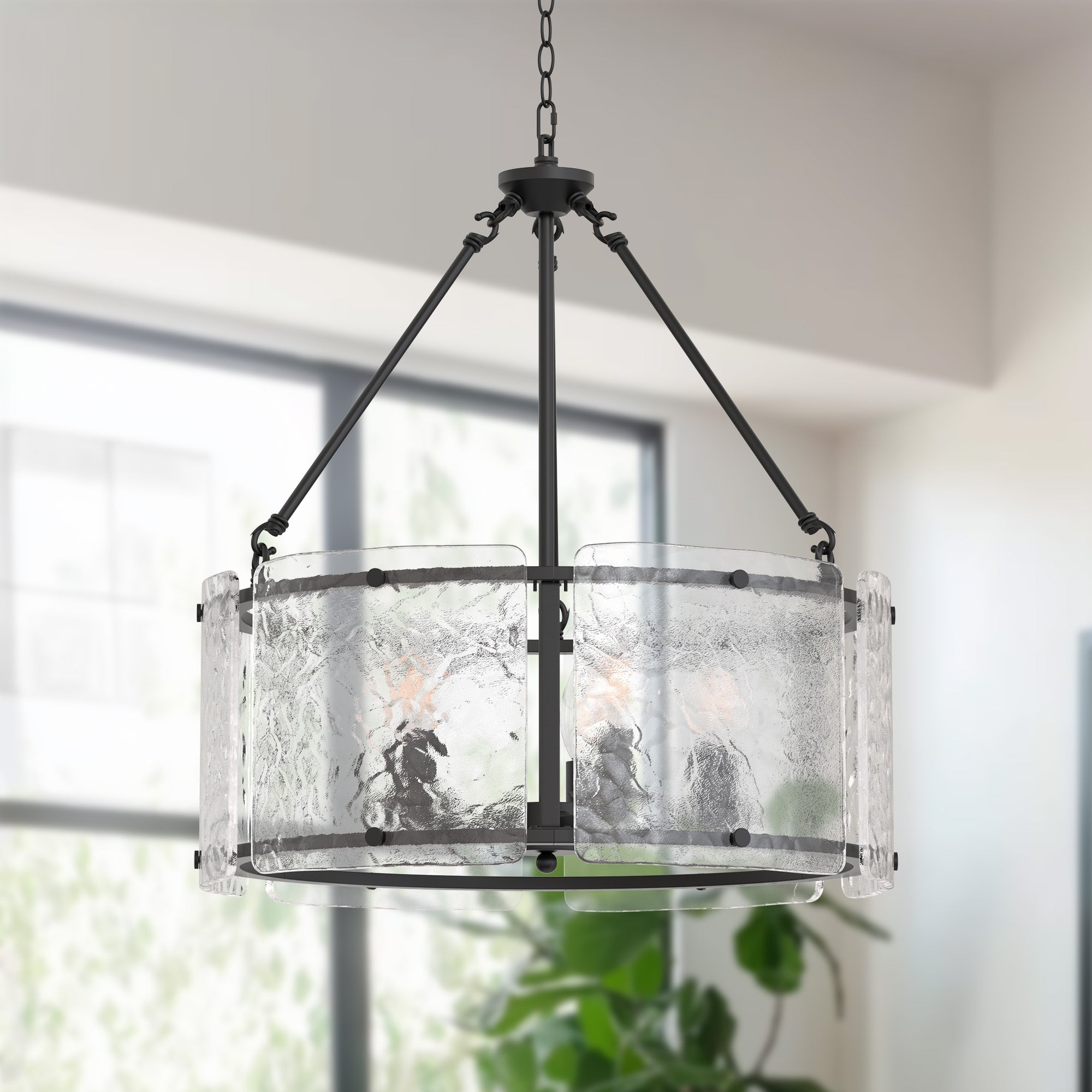 Jandcase 5-Light Black Drum Chandelier Pendant Light with Glass Shade and E12 Base for Dining Room, No Bulbs Included