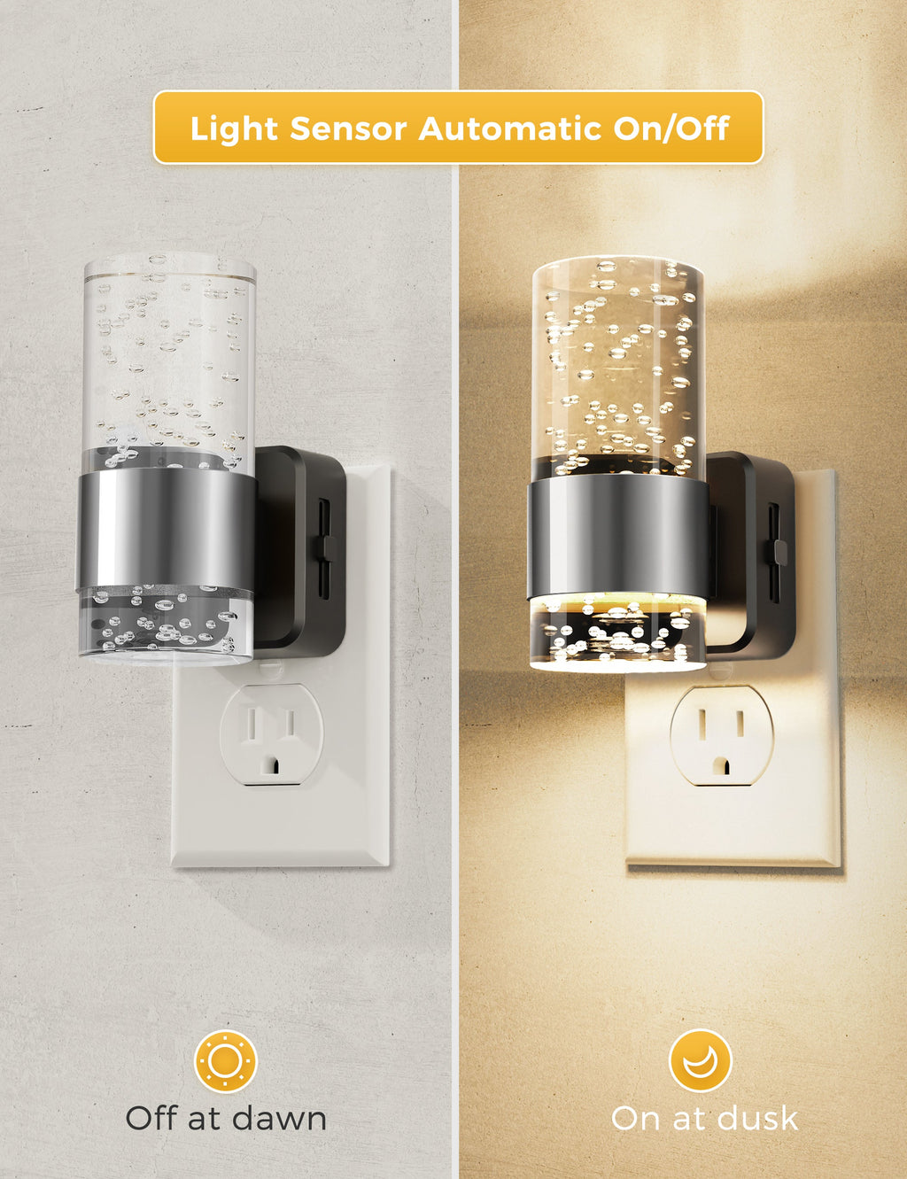 Jandcase 2-Pack Plug-in Dusk-to-Dawn Night Lights, Warm Glow 2700K, Sliding Dimmable, Wall Light Style, US 3-Prong Plug