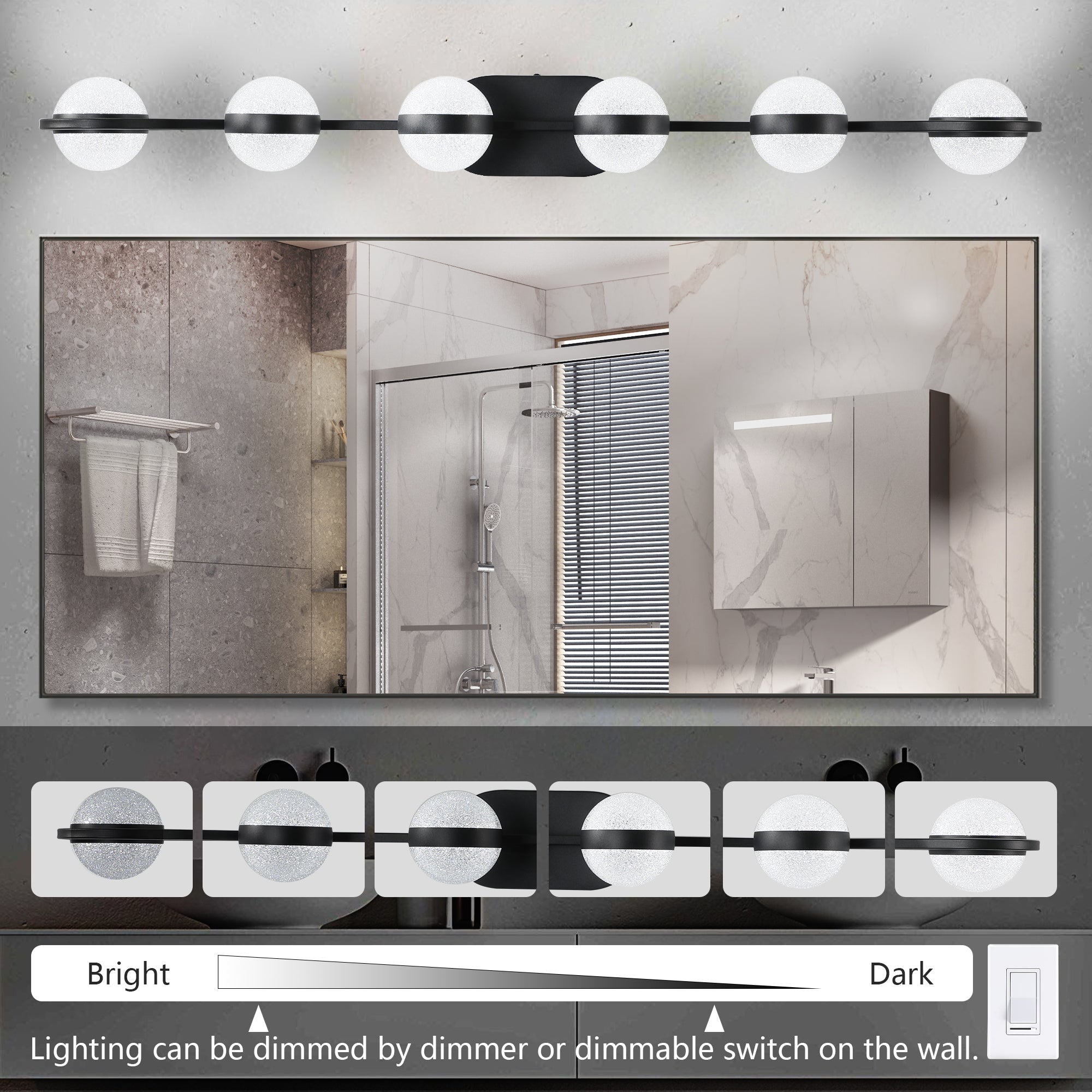 Jandcase 43in. Black 6-Light LED Bathroom Vanity Light with Crystal Sand Acrylic Shades Wall-Mount