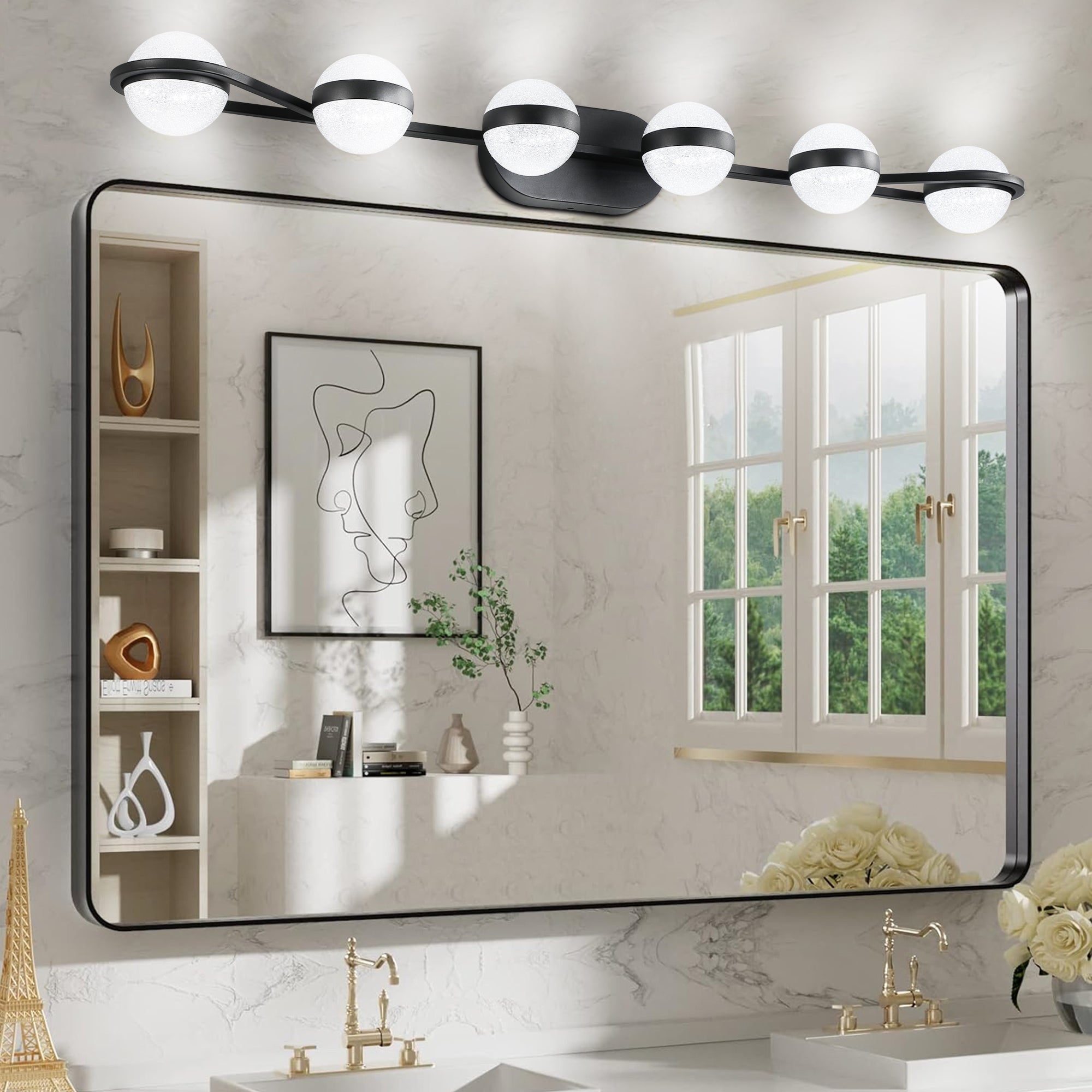 Jandcase 43in. Black 6-Light LED Bathroom Vanity Light with Crystal Sand Acrylic Shades Wall-Mount