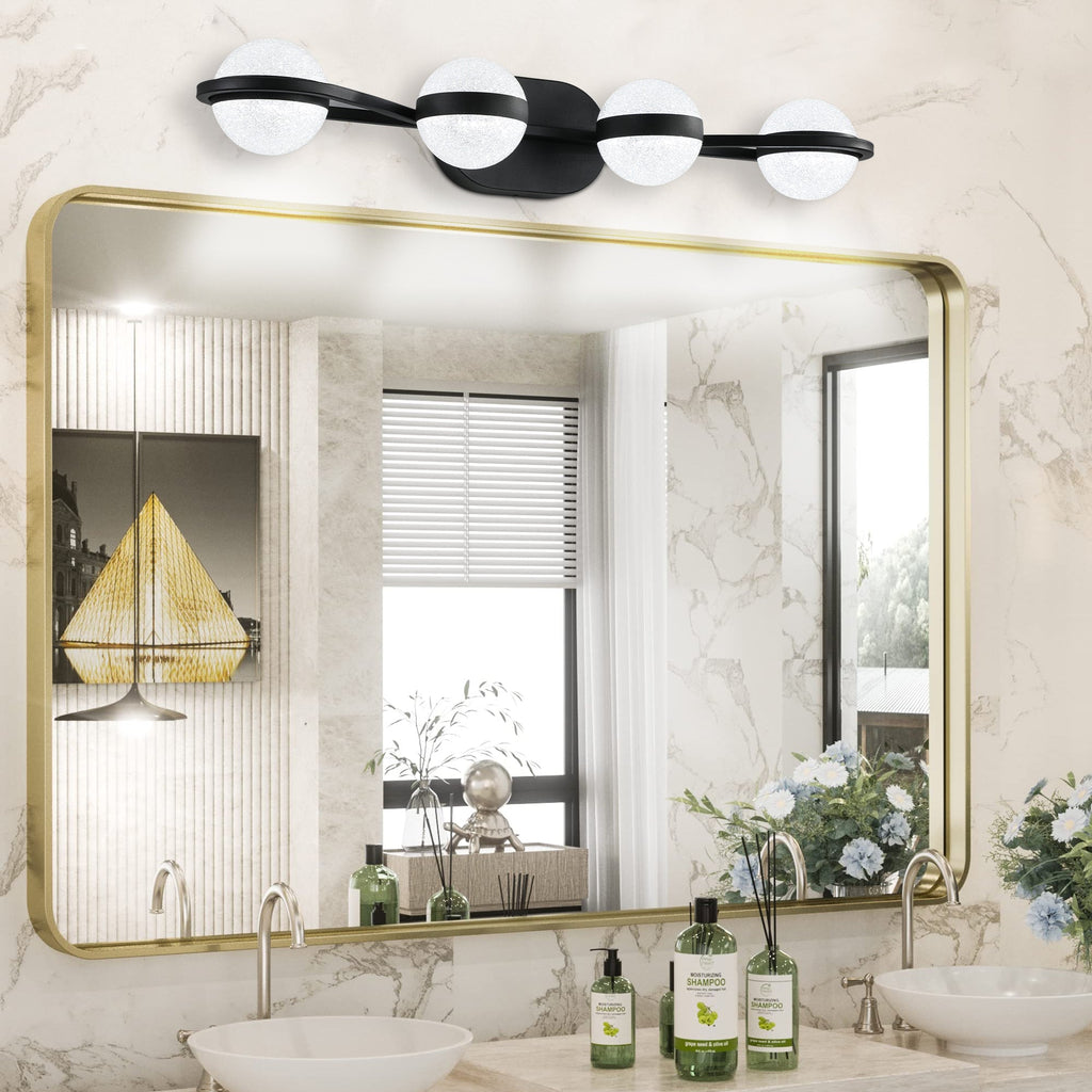 Jandcase 30"Black LED Bathroom Vanity Light with Crystal Sand Acrylic Shades, 4-Ligh Decorative WallLighting Fixturefor Bathroom Vanity Mirror