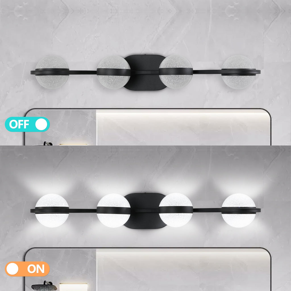 Jandcase 30"Black LED Bathroom Vanity Light with Crystal Sand Acrylic Shades, 4-Ligh Decorative WallLighting Fixturefor Bathroom Vanity Mirror