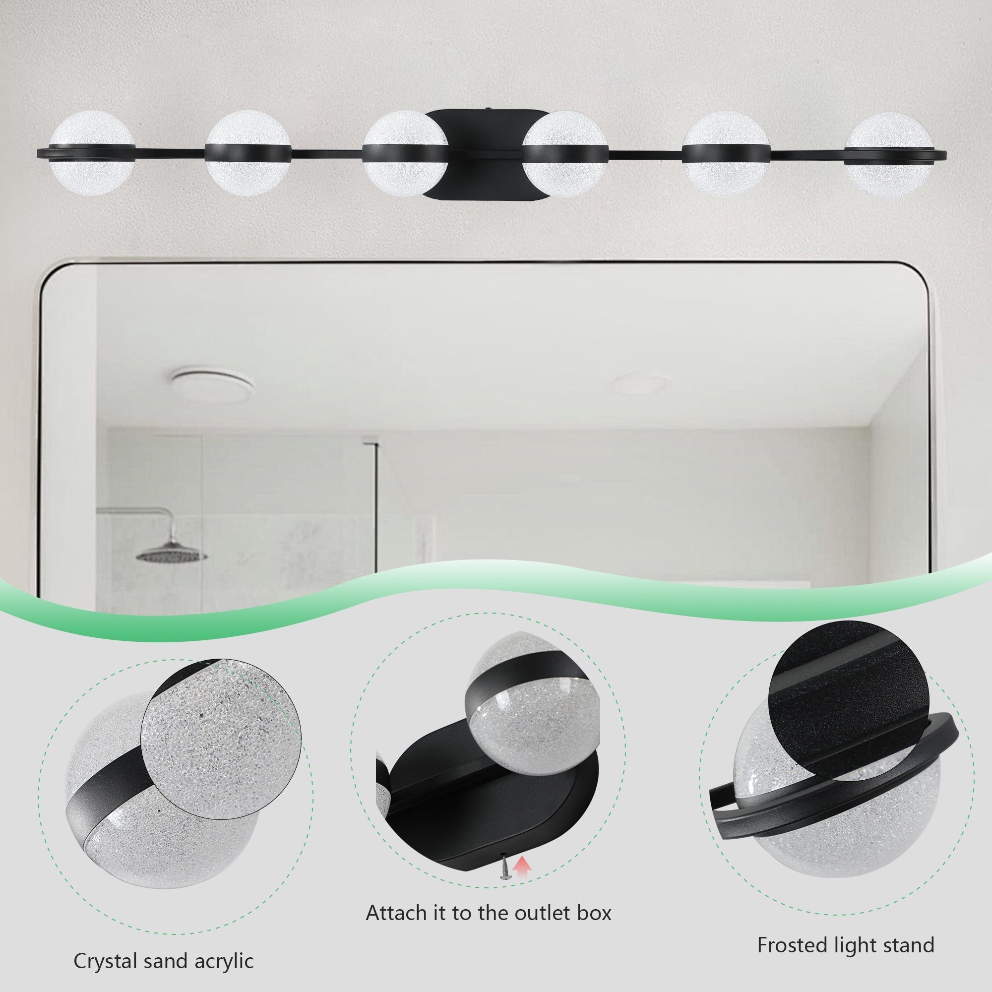 Jandcase 43in. Black 6-Light LED Bathroom Vanity Light with Crystal Sand Acrylic Shades Wall-Mount