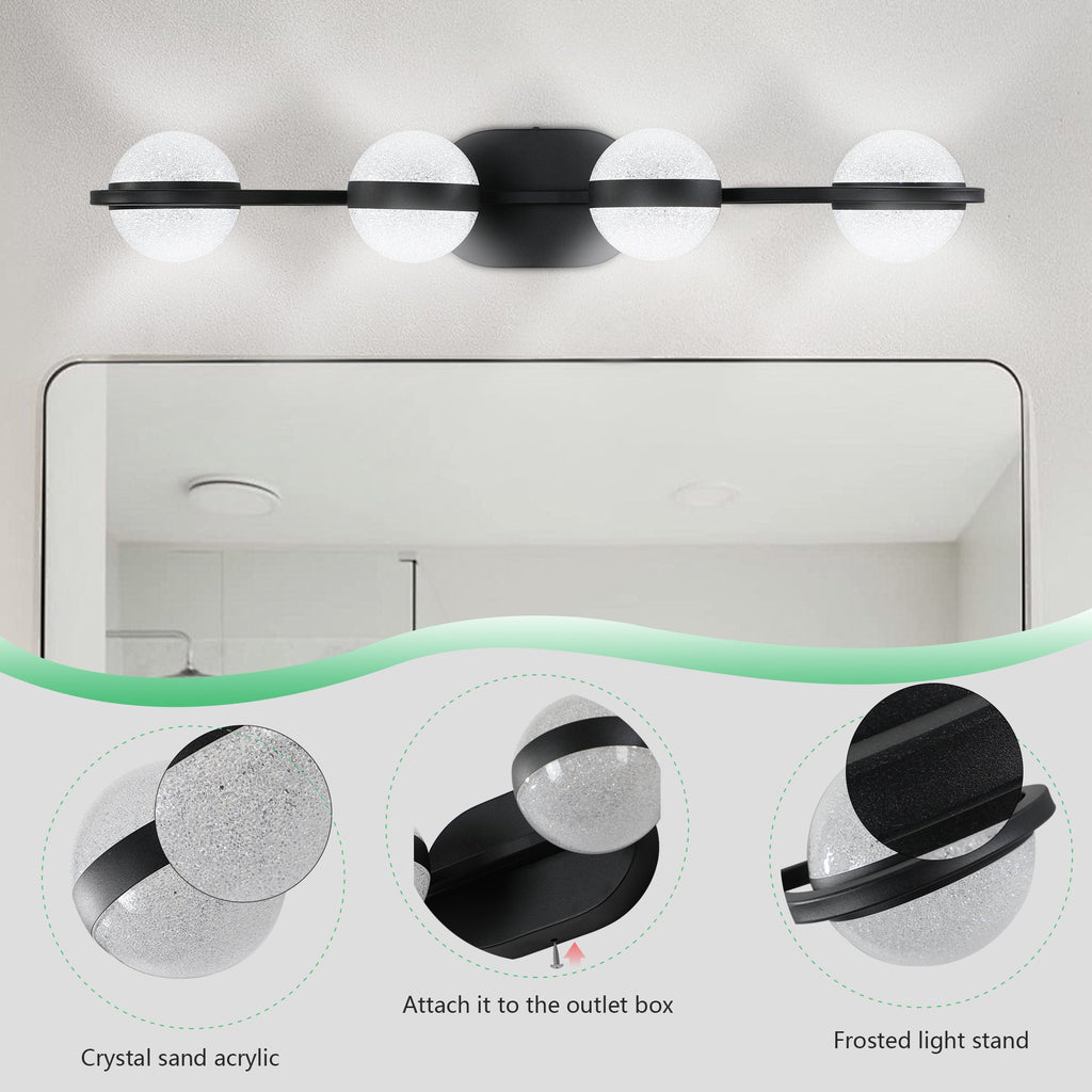 Jandcase 30"Black LED Bathroom Vanity Light with Crystal Sand Acrylic Shades, 4-Ligh Decorative WallLighting Fixturefor Bathroom Vanity Mirror