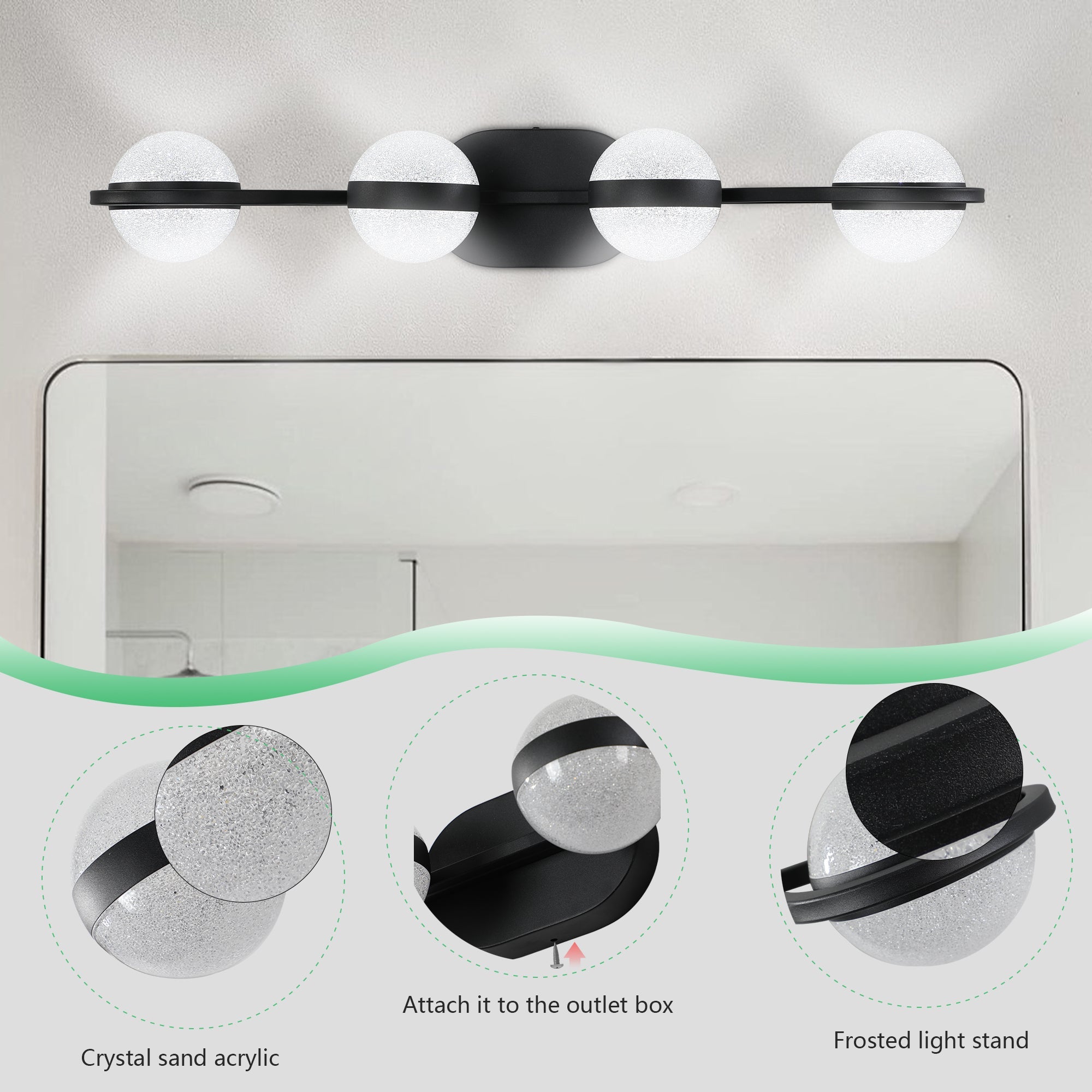 Jandcase 30"Black LED Bathroom Vanity Light with Crystal Sand Acrylic Shades, 4-Ligh Decorative WallLighting Fixturefor Bathroom Vanity Mirror