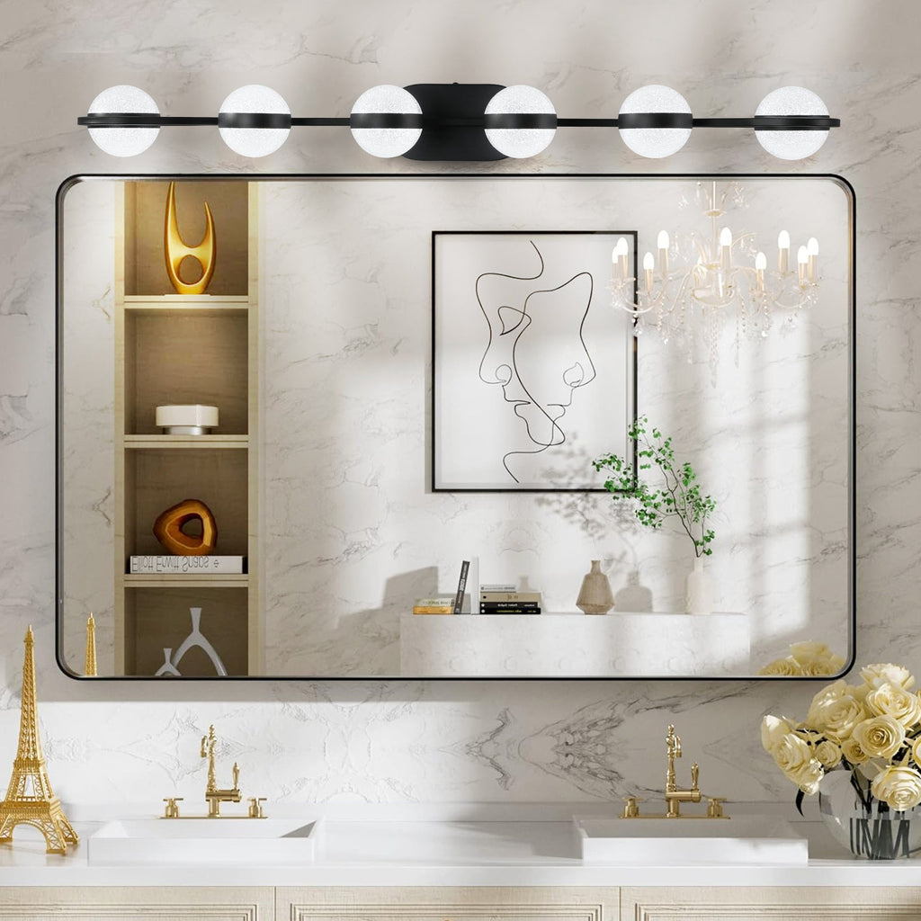 Jandcase 43in. Black 6-Light LED Bathroom Vanity Light with Crystal Sand Acrylic Shades Wall-Mount