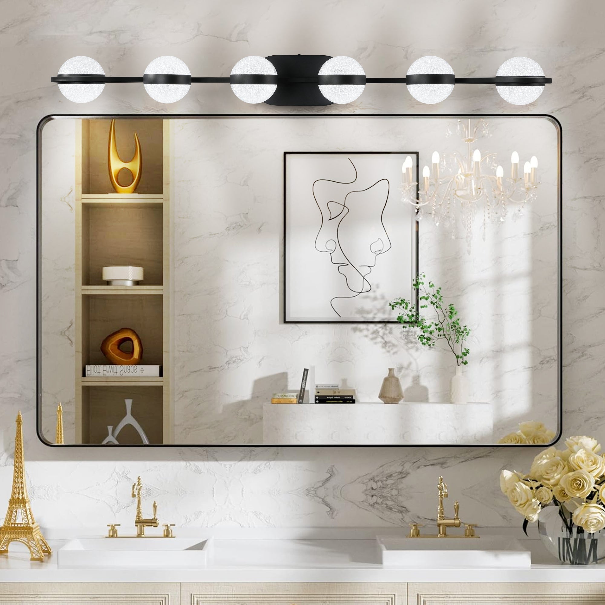 Jandcase 43in. Black 6-Light LED Bathroom Vanity Light with Crystal Sand Acrylic Shades Wall-Mount