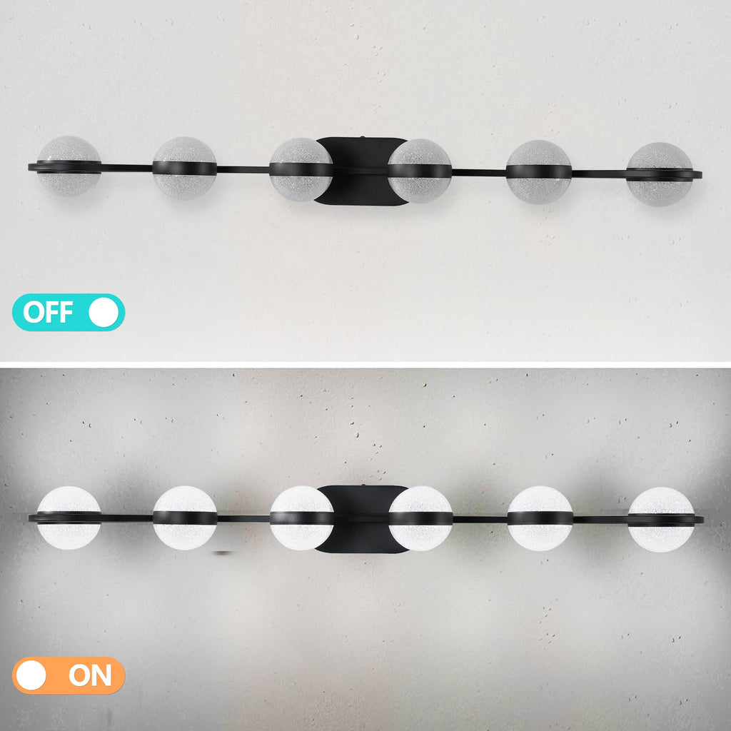 Jandcase 43in. Black 6-Light LED Bathroom Vanity Light with Crystal Sand Acrylic Shades Wall-Mount