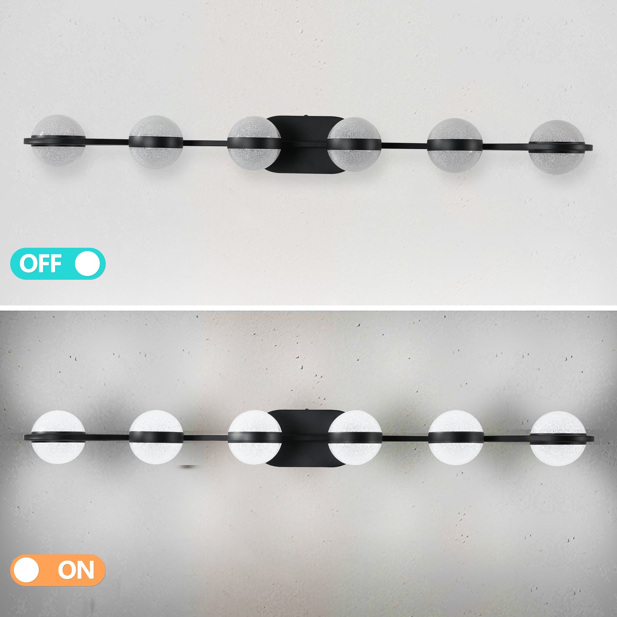 Jandcase 43in. Black 6-Light LED Bathroom Vanity Light with Crystal Sand Acrylic Shades Wall-Mount