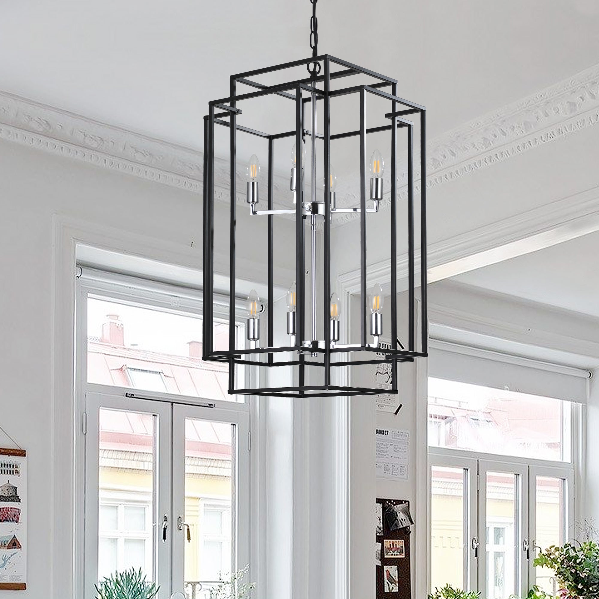 Jandcase Modern 8-Light Black & Chrome Geometric Pendant Chandelier, Industrial Adjustable Hanging Light for Living Room,Dining Room, Kitchen (No Bulbs)