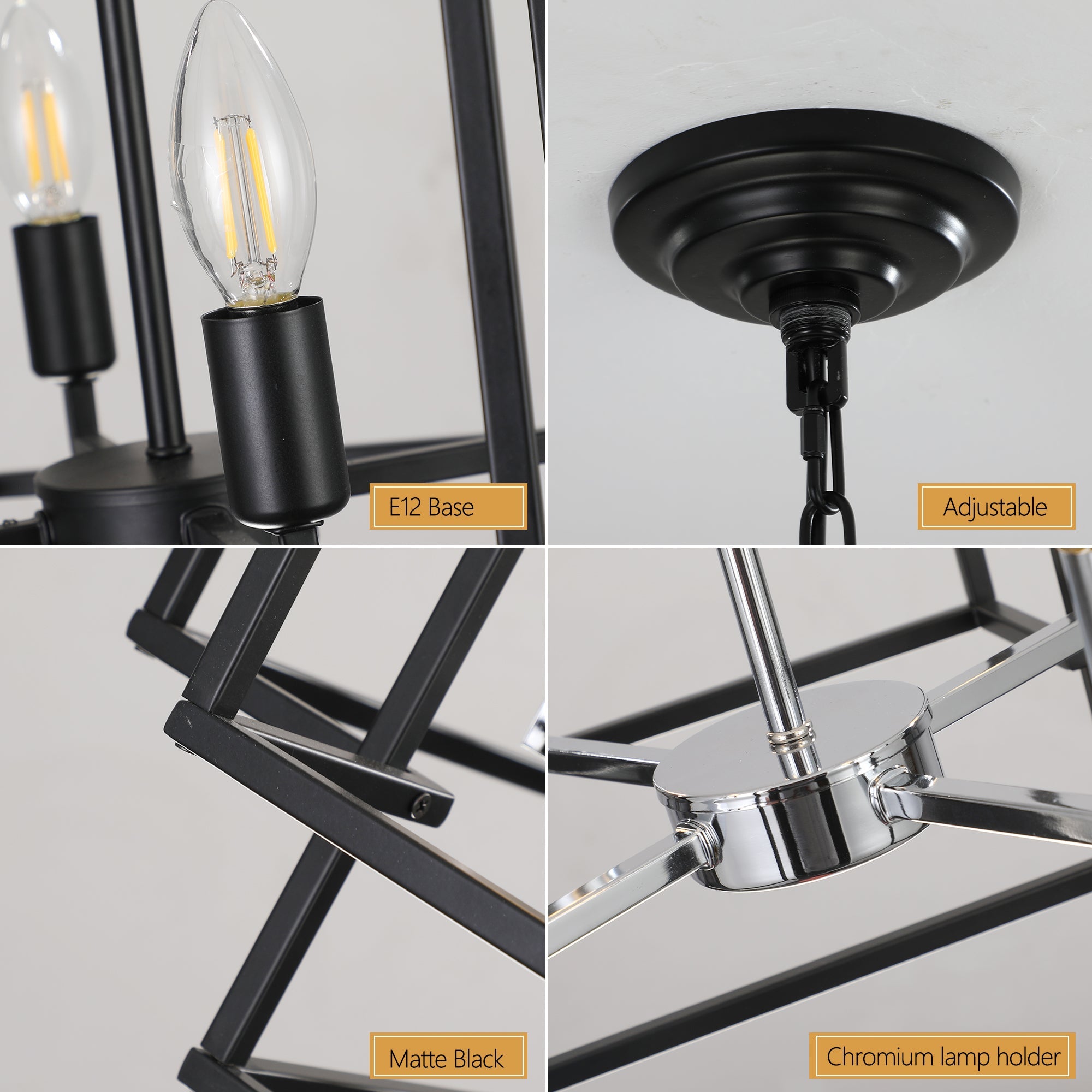 Jandcase Modern 8-Light Black & Chrome Geometric Pendant Chandelier, Industrial Adjustable Hanging Light for Living Room,Dining Room, Kitchen (No Bulbs)