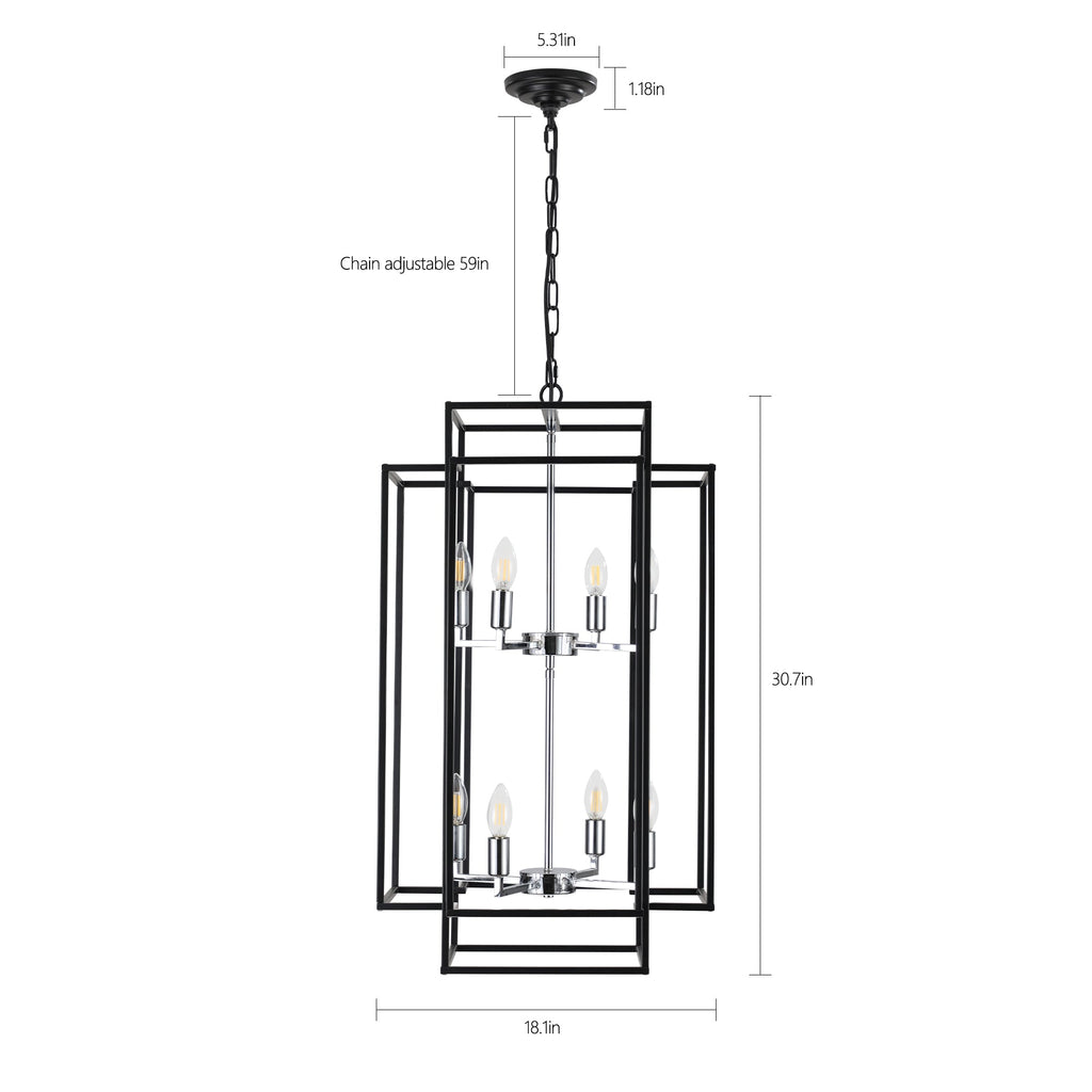 Jandcase Modern 8-Light Black & Chrome Geometric Pendant Chandelier, Industrial Adjustable Hanging Light for Living Room,Dining Room, Kitchen (No Bulbs)