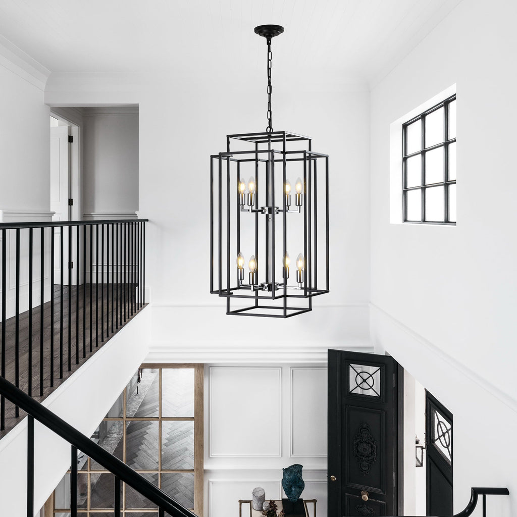 Jandcase Modern 8-Light Black & Chrome Geometric Pendant Chandelier, Industrial Adjustable Hanging Light for Living Room,Dining Room, Kitchen (No Bulbs)
