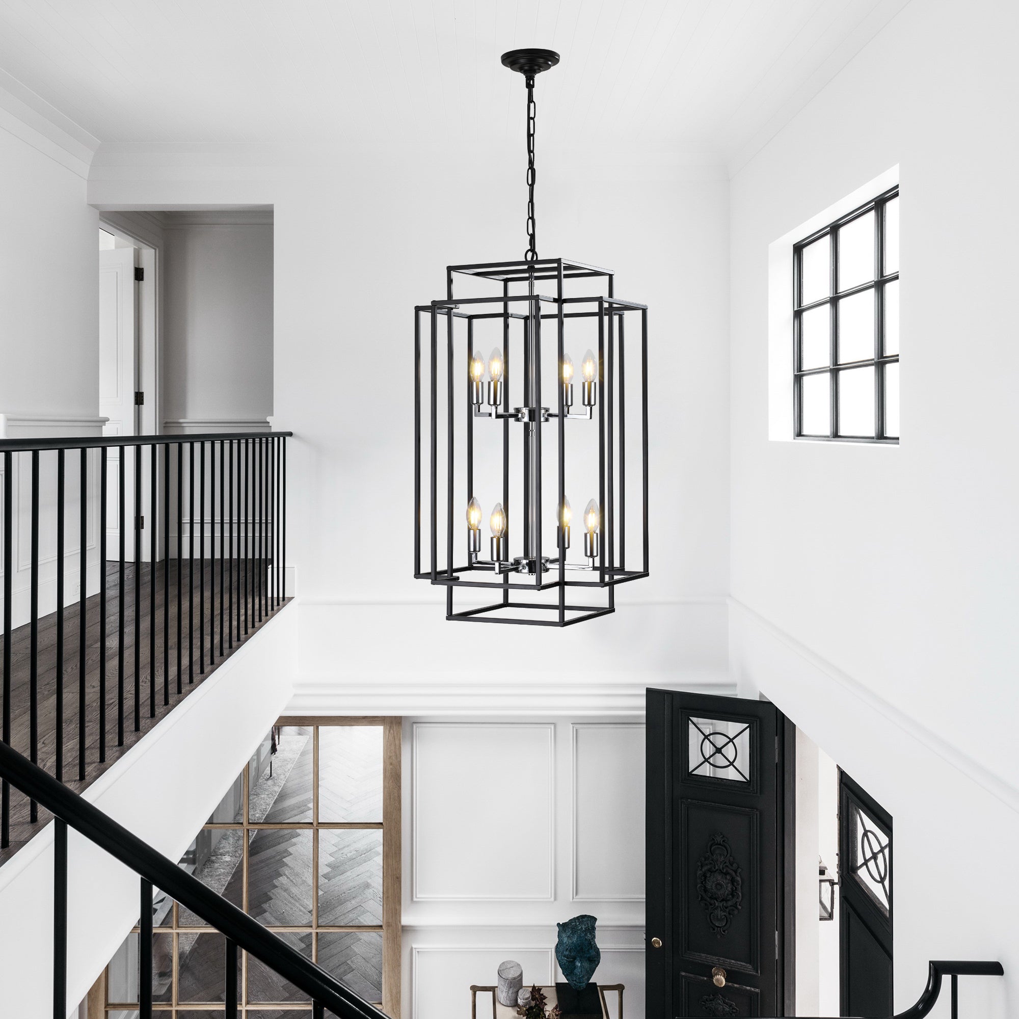Jandcase Modern 8-Light Black & Chrome Geometric Pendant Chandelier, Industrial Adjustable Hanging Light for Living Room,Dining Room, Kitchen (No Bulbs)