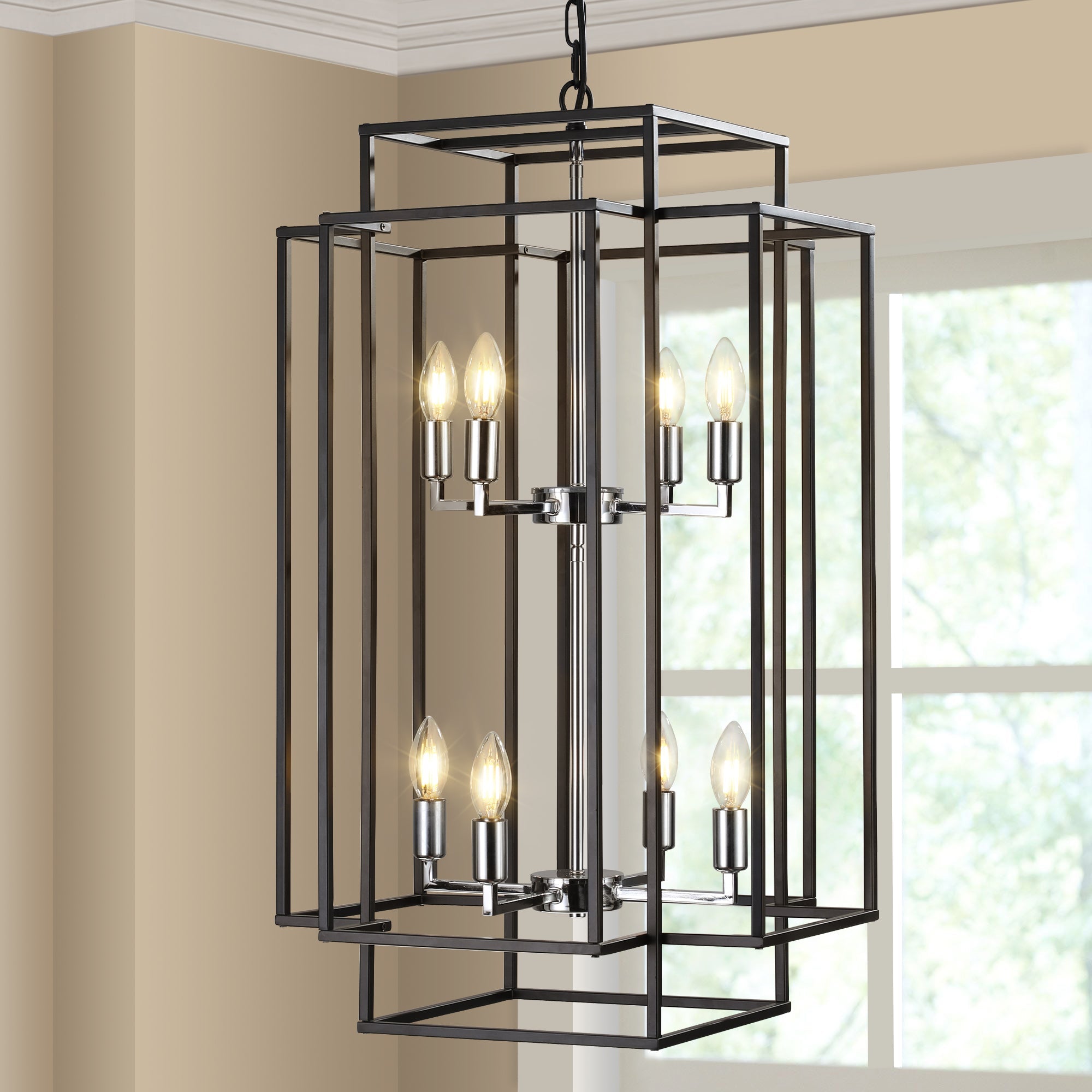Jandcase Modern 8-Light Black & Chrome Geometric Pendant Chandelier, Industrial Adjustable Hanging Light for Living Room,Dining Room, Kitchen (No Bulbs)
