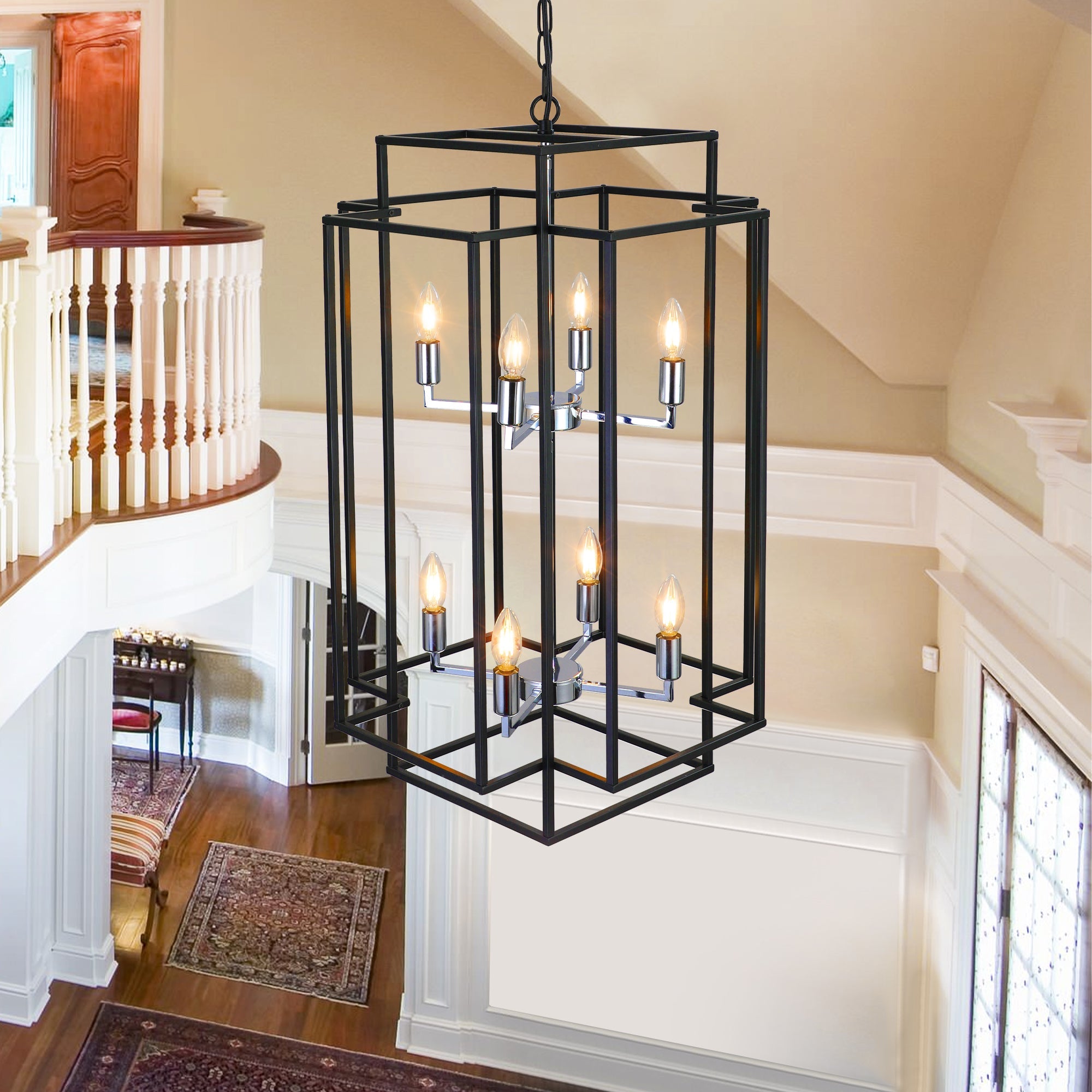 Jandcase Modern 8-Light Black & Chrome Geometric Pendant Chandelier, Industrial Adjustable Hanging Light for Living Room,Dining Room, Kitchen (No Bulbs)