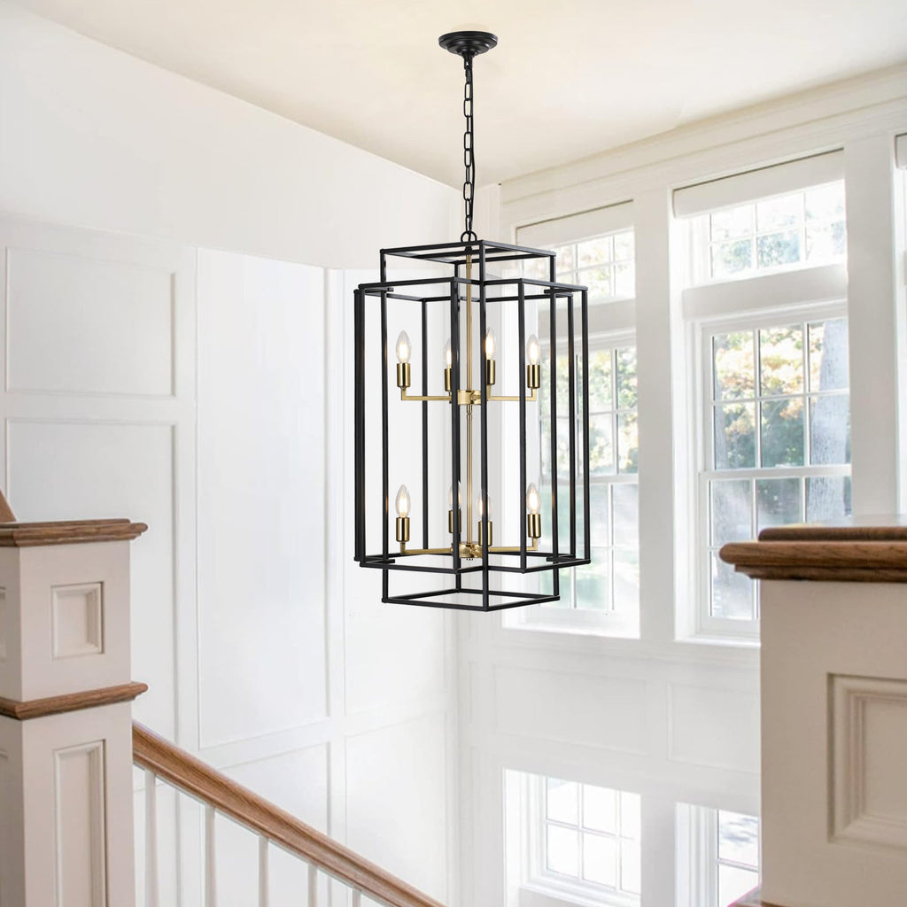 Jandcase Farmhouse Gold 8-Light Pendant Light, Adjustable Height, E12 Base, Iron Frame for Kitchen Island & Foyer (Bulbs Not Included)