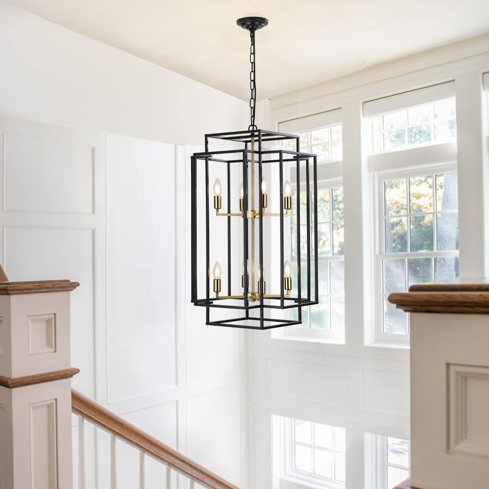 Jandcase Farmhouse Gold 8-Light Pendant Light, Adjustable Height, E12 Base, Iron Frame for Kitchen Island & Foyer (Bulbs Not Included)