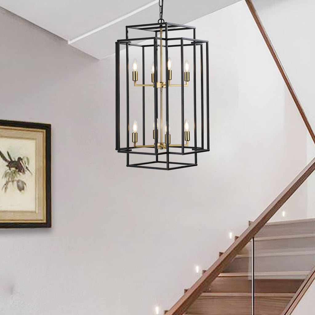Jandcase Farmhouse Gold 8-Light Pendant Light, Adjustable Height, E12 Base, Iron Frame for Kitchen Island & Foyer (Bulbs Not Included)