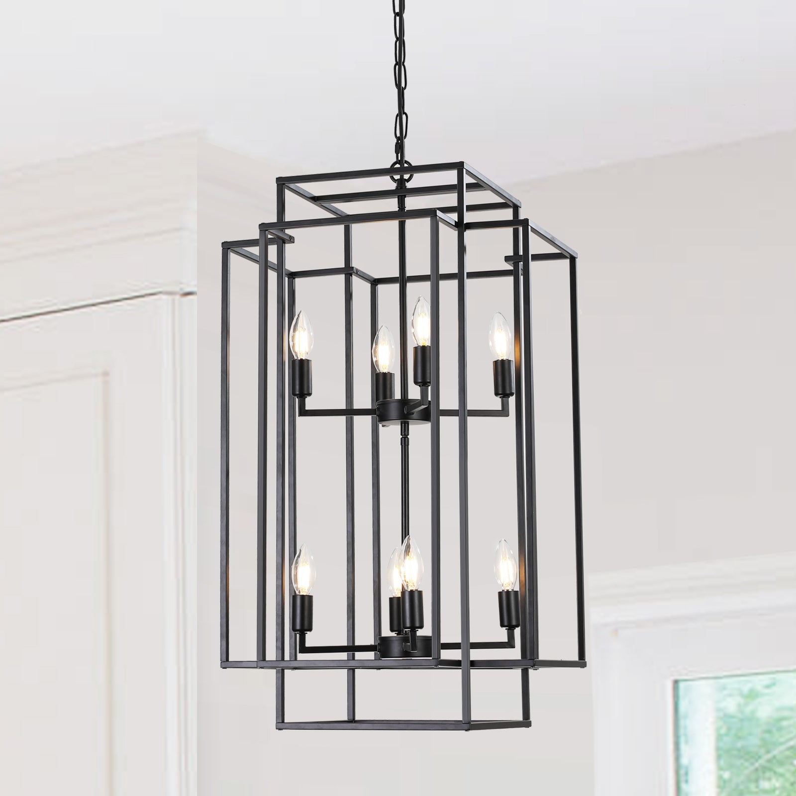 Jandcase Black Farmhouse Pendant Light, 8-Light Adjustable Height Chandelier for Kitchen Island & Foyer, E12 Base (Bulbs Not Included)