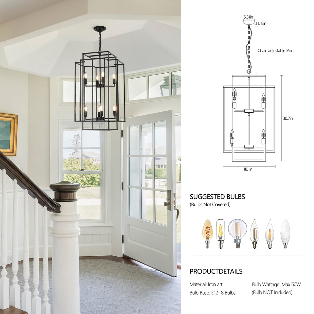 Jandcase Black Farmhouse Pendant Light, 8-Light Adjustable Height Chandelier for Kitchen Island & Foyer, E12 Base (Bulbs Not Included)