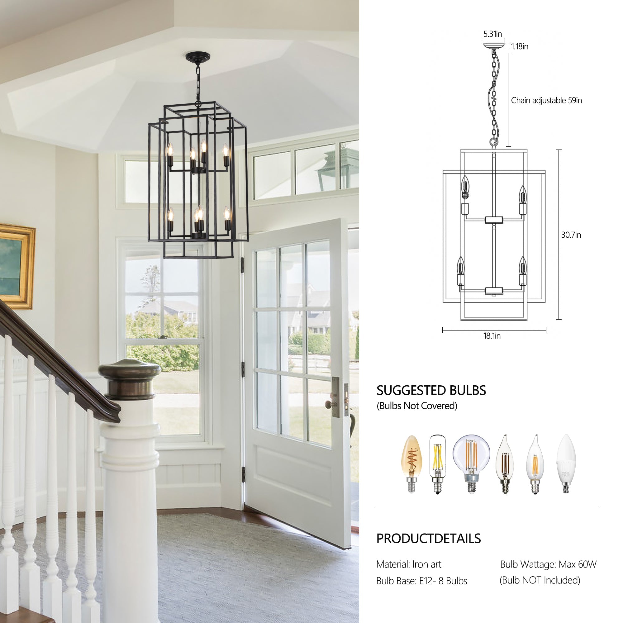 Jandcase Black Farmhouse Pendant Light, 8-Light Adjustable Height Chandelier for Kitchen Island & Foyer, E12 Base (Bulbs Not Included)
