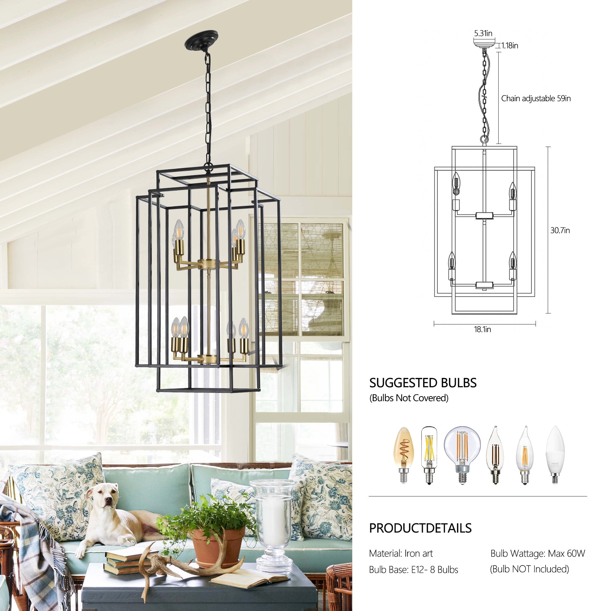 Jandcase Farmhouse Gold 8-Light Pendant Light, Adjustable Height, E12 Base, Iron Frame for Kitchen Island & Foyer (Bulbs Not Included)